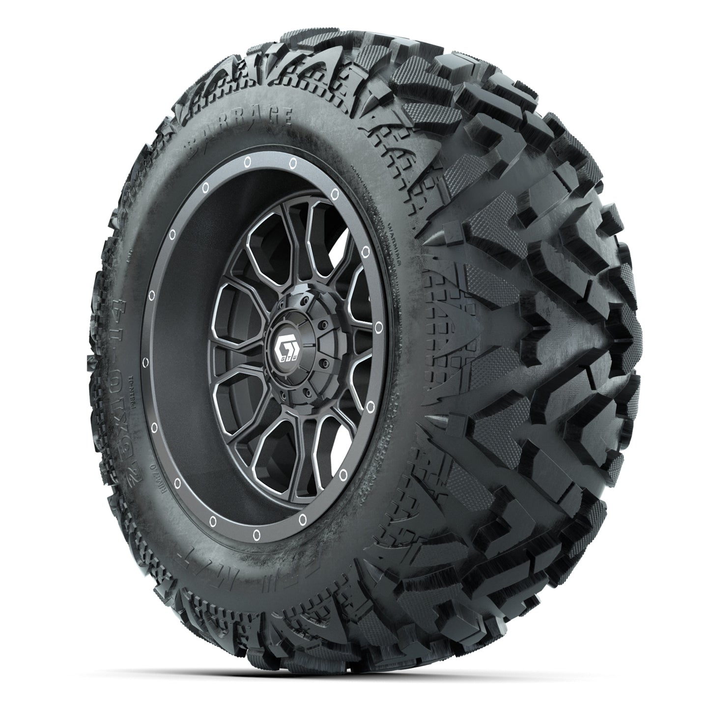 GTW Volt Gunmetal 14 in Wheels with 25x10-14 Barrage Mud Tires – Full Set