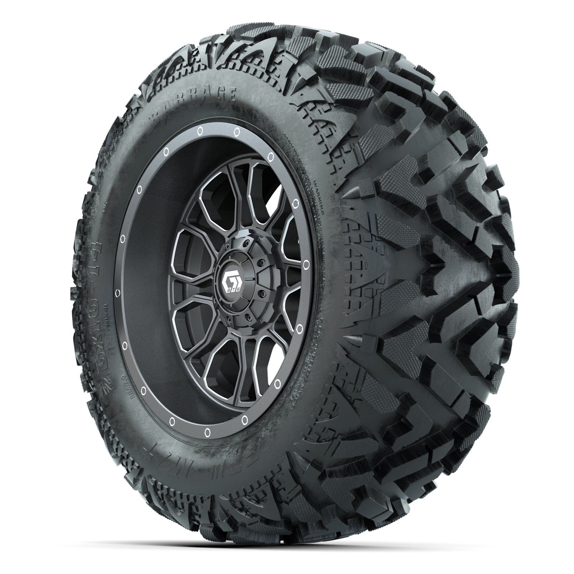 GTW Volt Gunmetal 14 in Wheels with 25x10-14 Barrage Mud Tires – Full Set