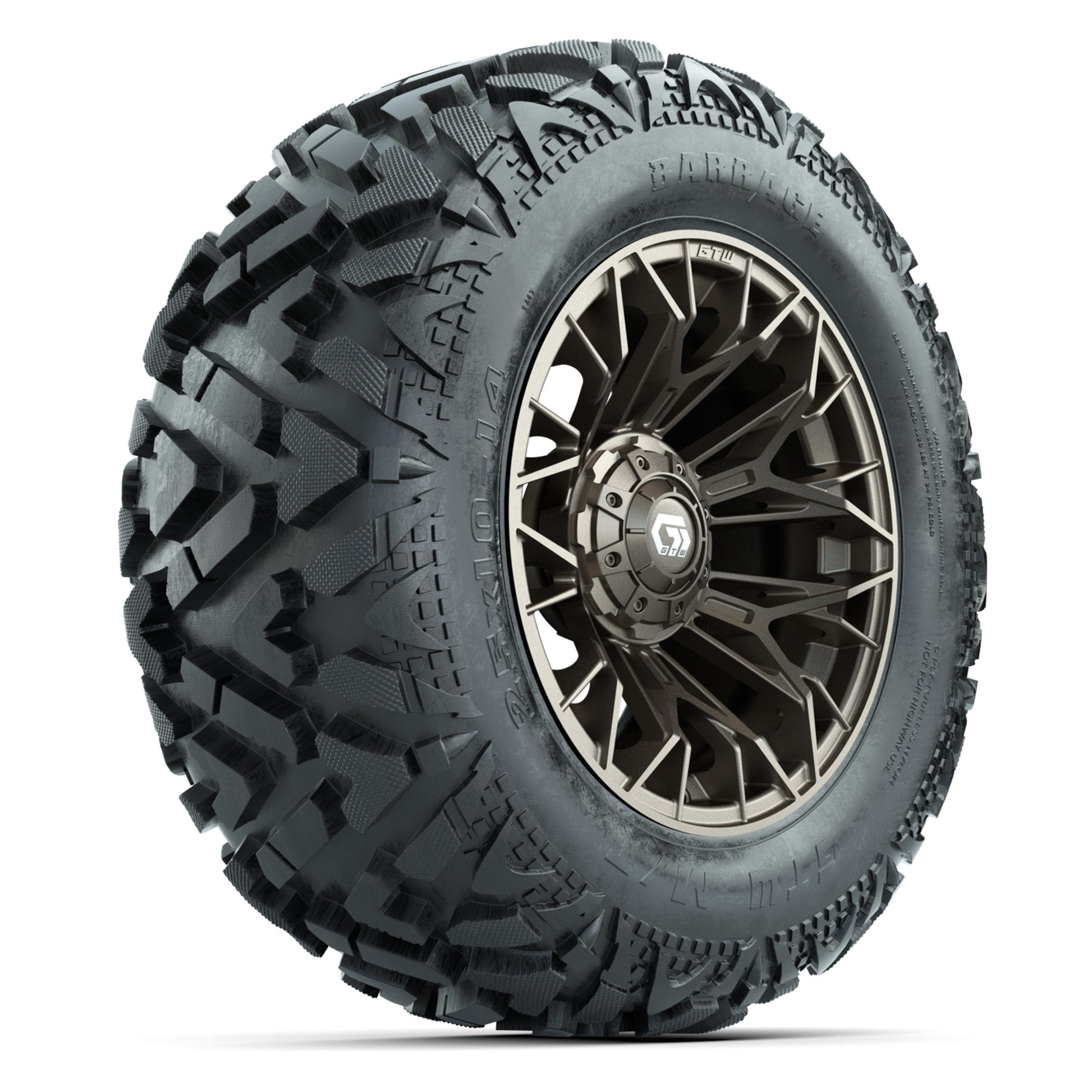 GTW Stellar Matte Bronze 14 in Wheels with 25x10-14 Barrage Mud Tires – Full Set