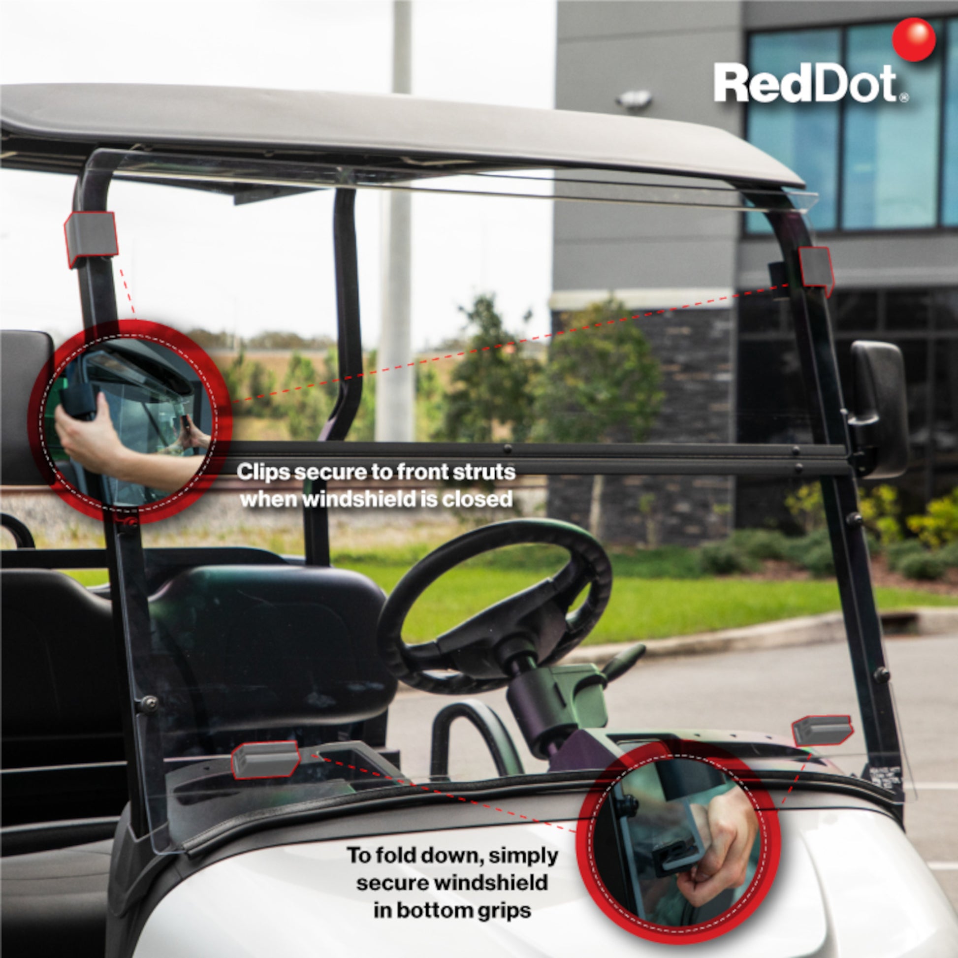 RedDot EZGO RXV with Modular Top Clear Folding Polycarbonate DOT Windshield with Rubber Trim (Years 2024-Up)