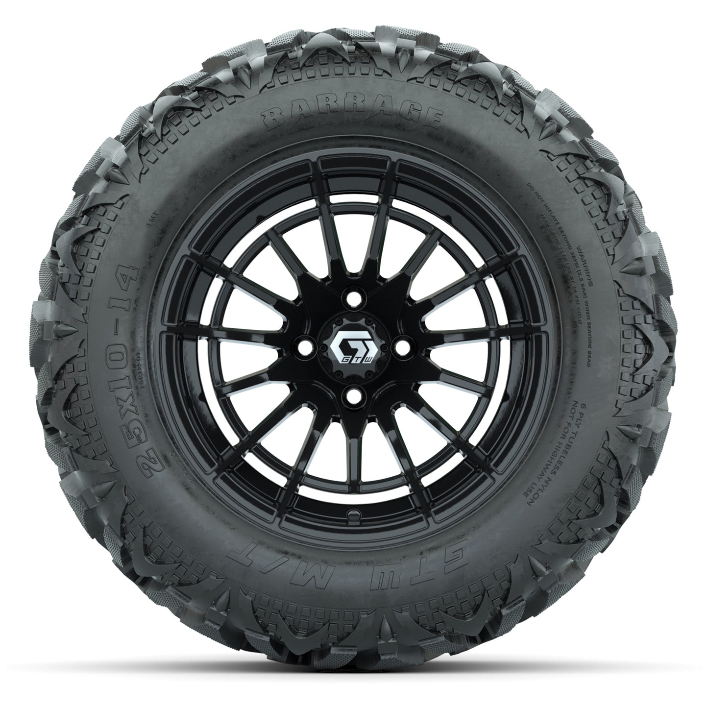 GTW Boost Gloss Black 14 in Wheels with 25x10-14 Barrage Mud Tires – Full Set