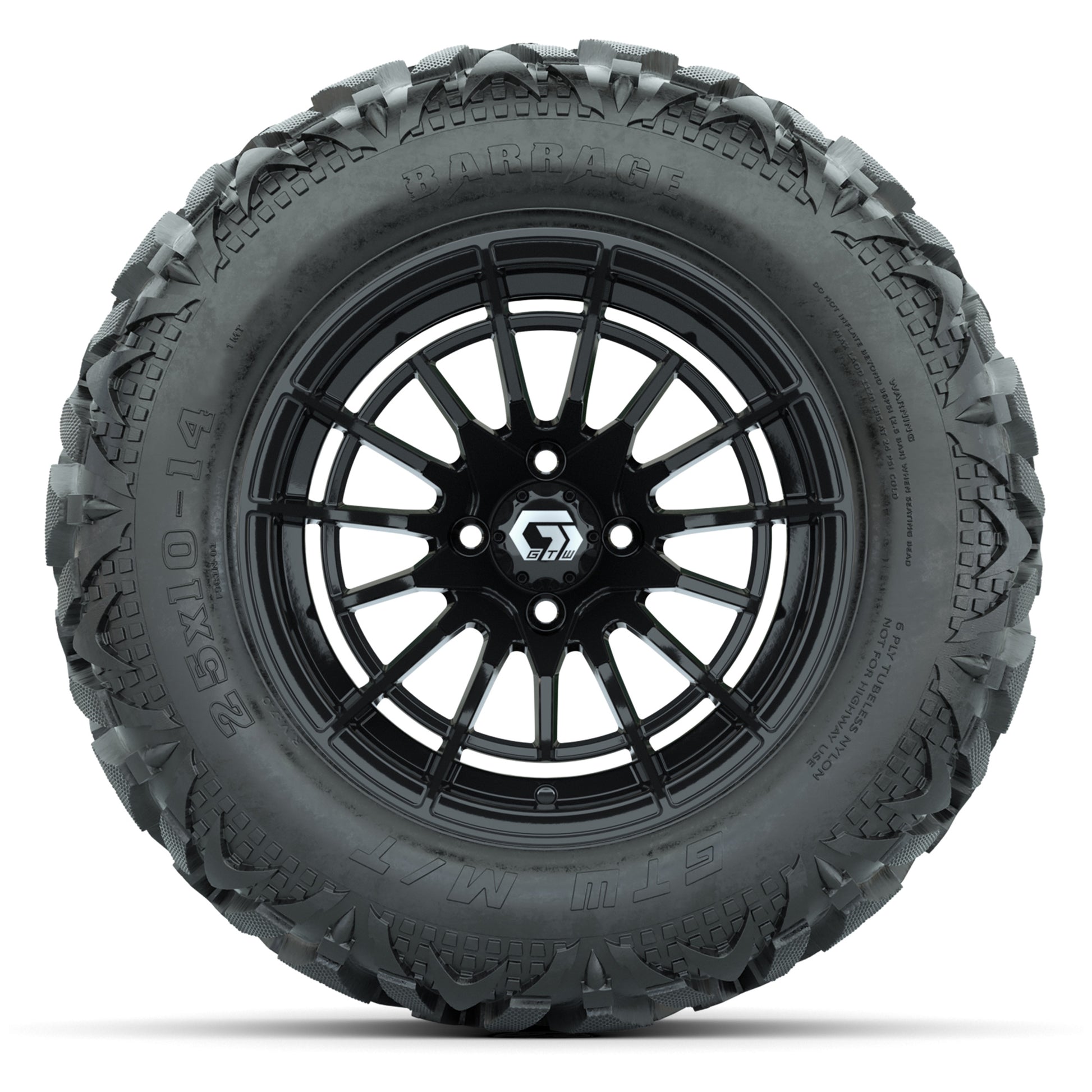 GTW Boost Gloss Black 14 in Wheels with 25x10-14 Barrage Mud Tires – Full Set