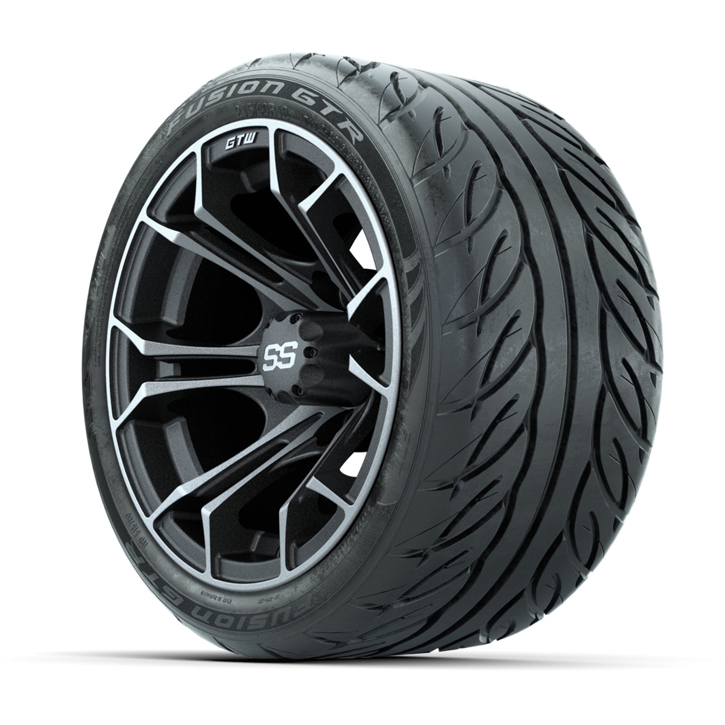 GTW® Spyder Matte Gray/Machined 12 in Wheels with 215/40-R12 Fusion GTR Steel Belt Radial Street Tires – Full Set