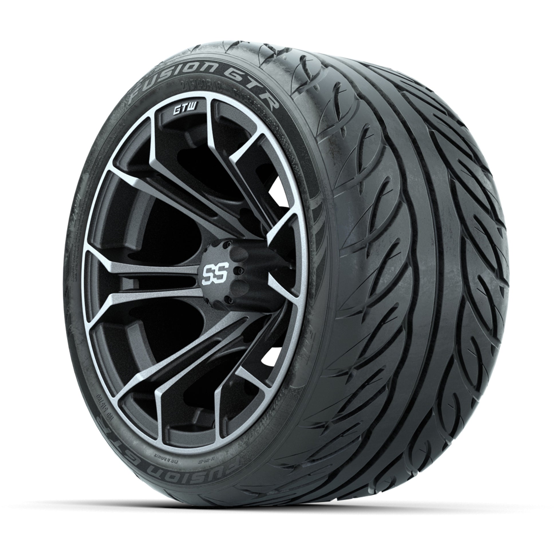 GTW® Spyder Matte Gray/Machined 12 in Wheels with 215/40-R12 Fusion GTR Steel Belt Radial Street Tires – Full Set