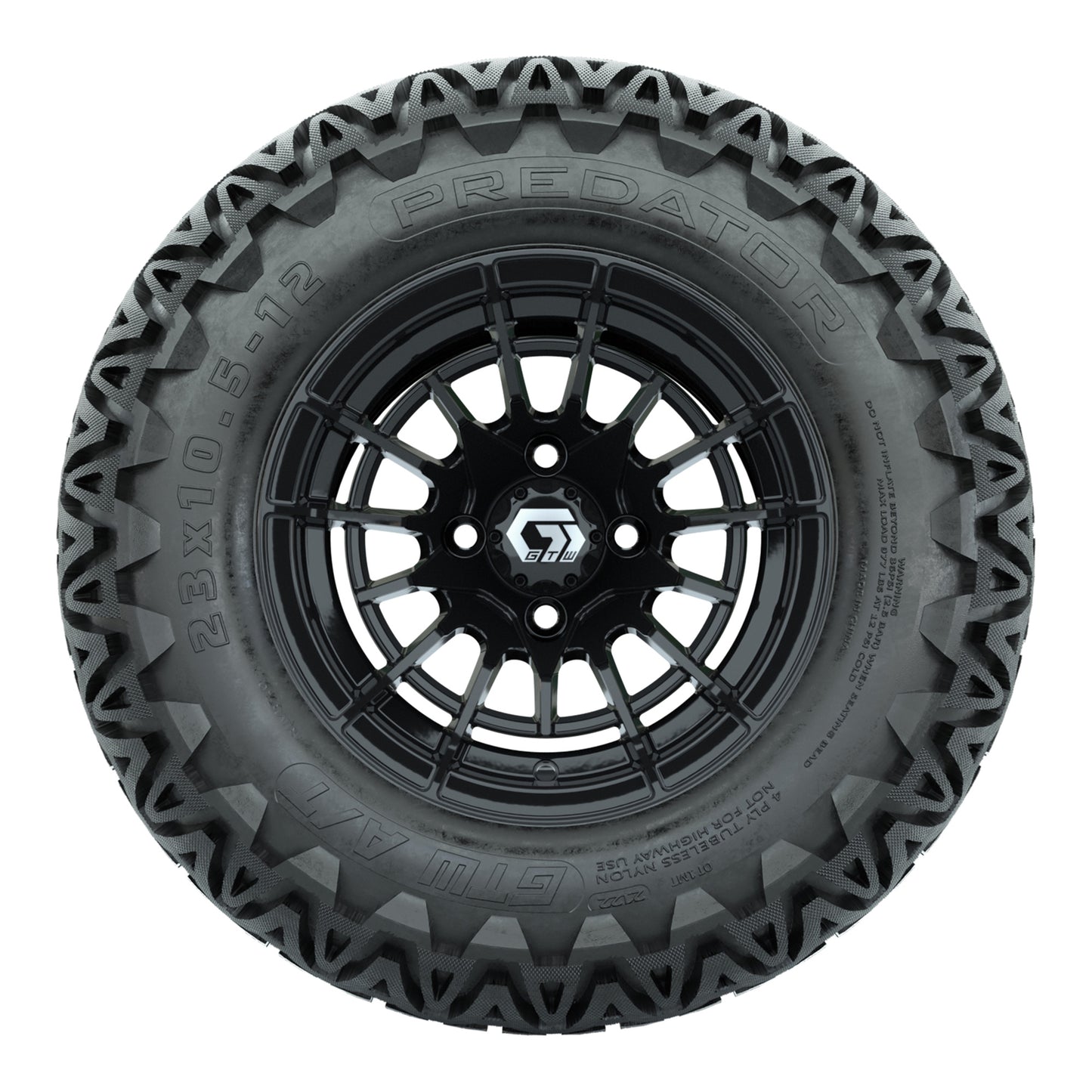GTW® Boost Gloss Black 12 in Wheels with 23X10.5-12 Predator All-Terrain Tires – Full Set