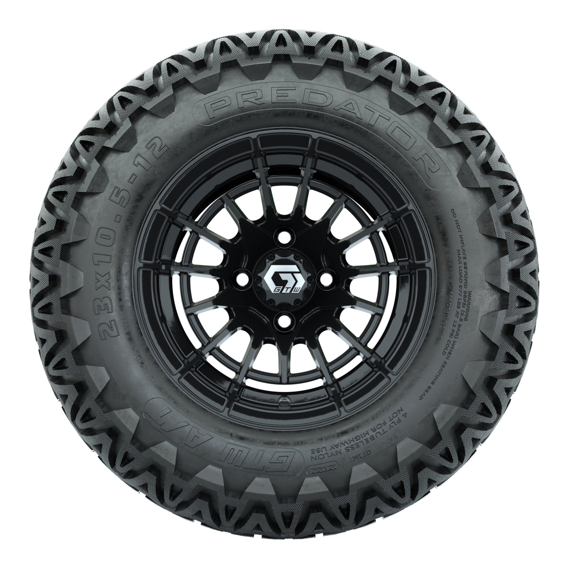 GTW® Boost Gloss Black 12 in Wheels with 23X10.5-12 Predator All-Terrain Tires – Full Set