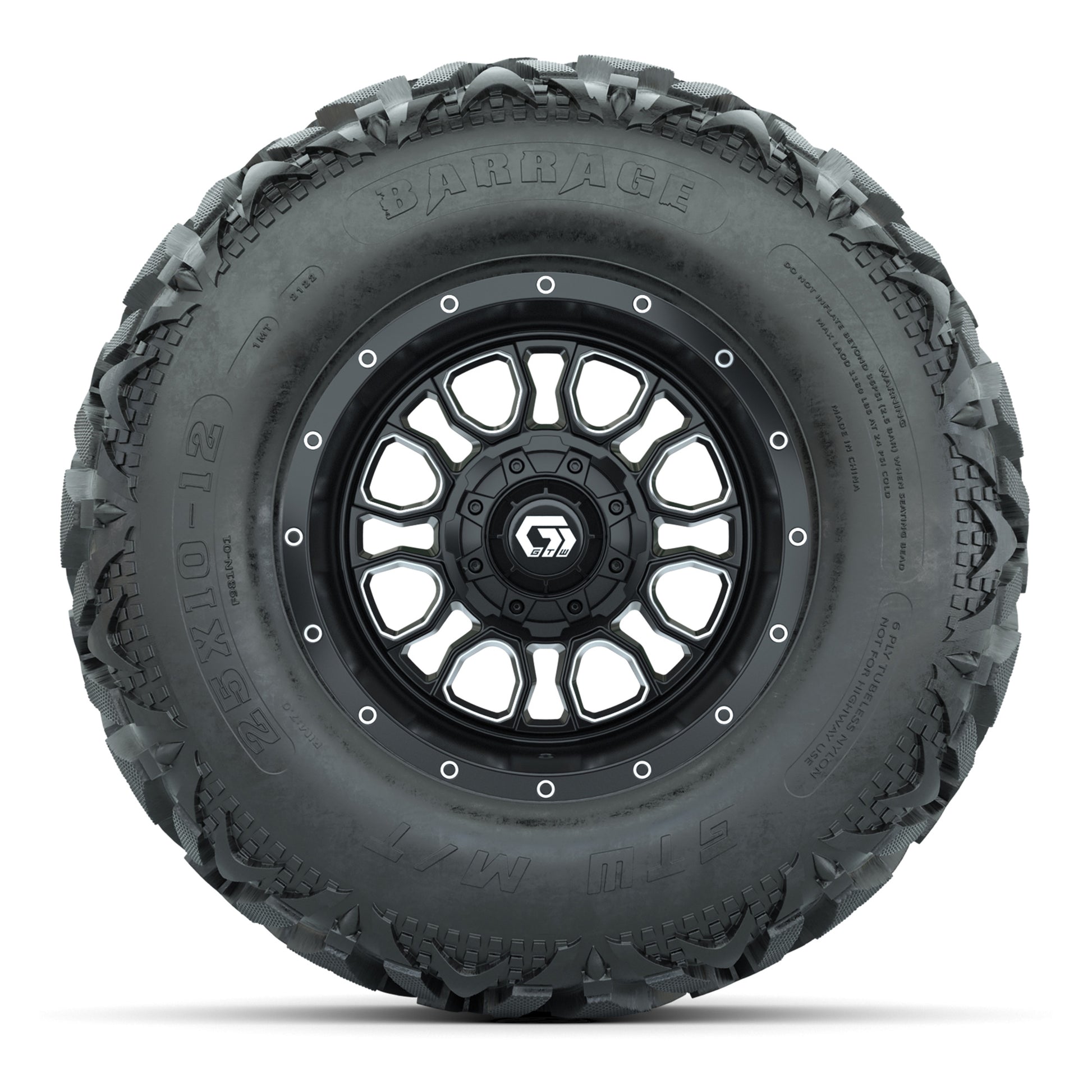 GTW® Volt Black/Machined 12 in Wheels with 25X10-12 Barrage Mud Tires – Full Set