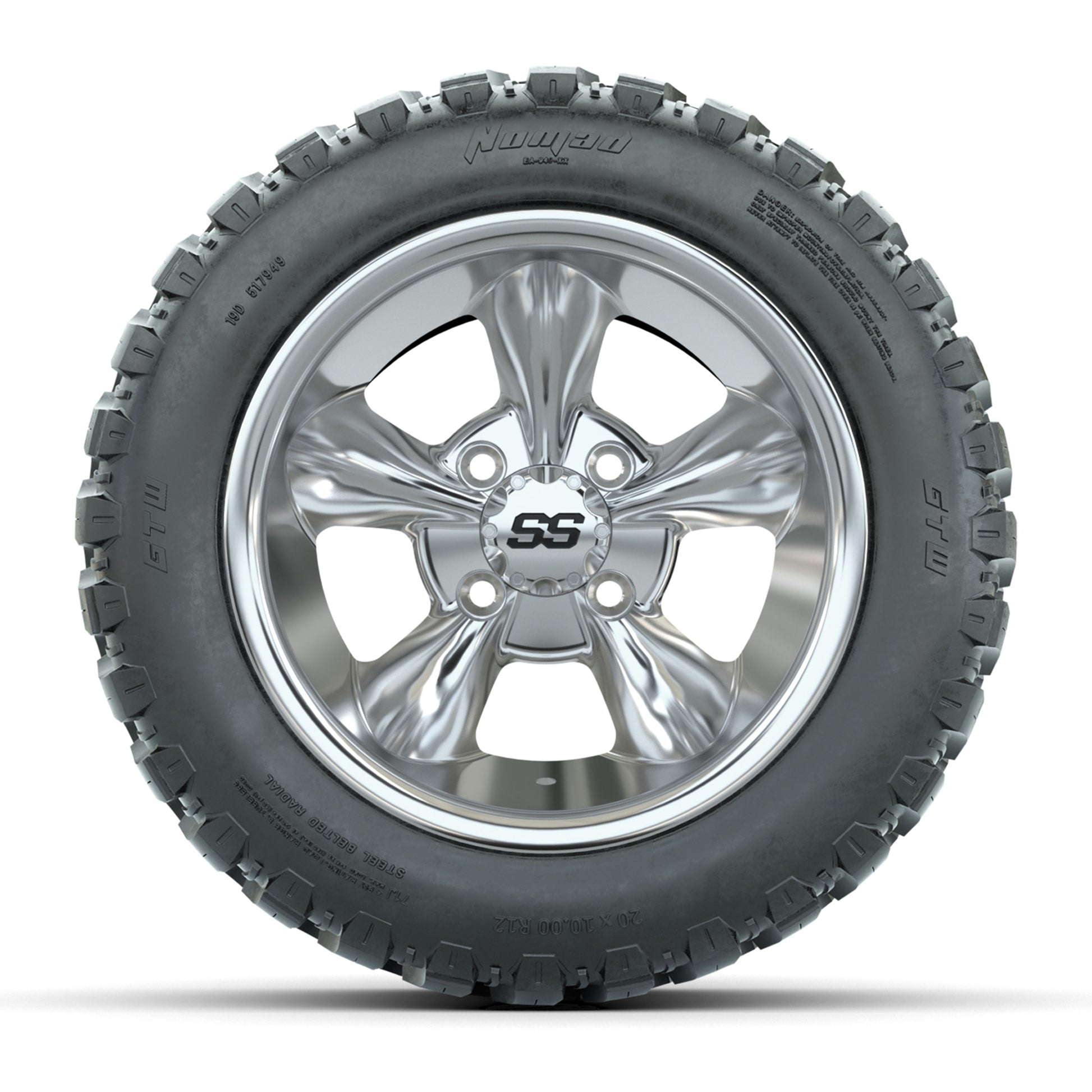 GTW® Godfather Chrome 12 in Wheels with 20X10-12 Nomad Steel Belt Radial All-Terrain Tires – Full Set