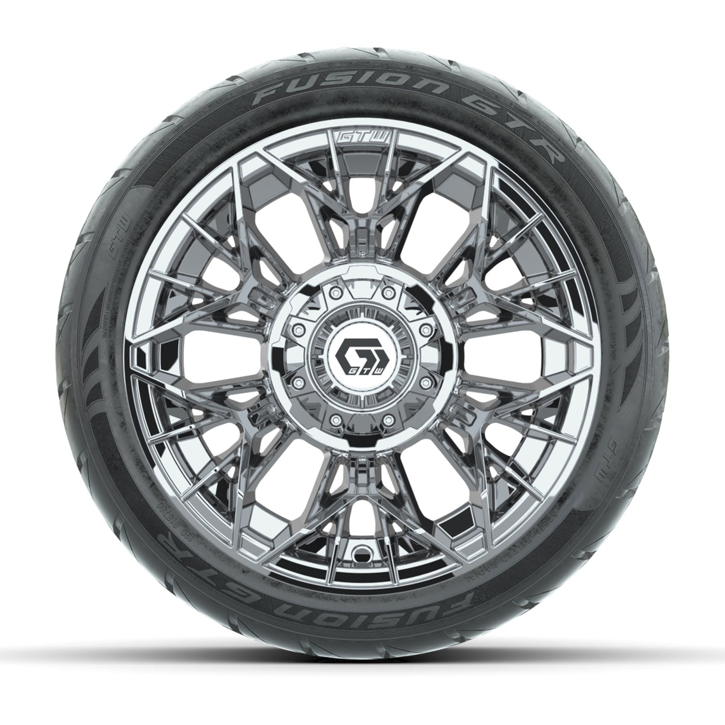GTW® Stellar Chrome 12 in Wheels with 215/40-R12 Fusion GTR Steel Belt Radial Street Tires – Full Set