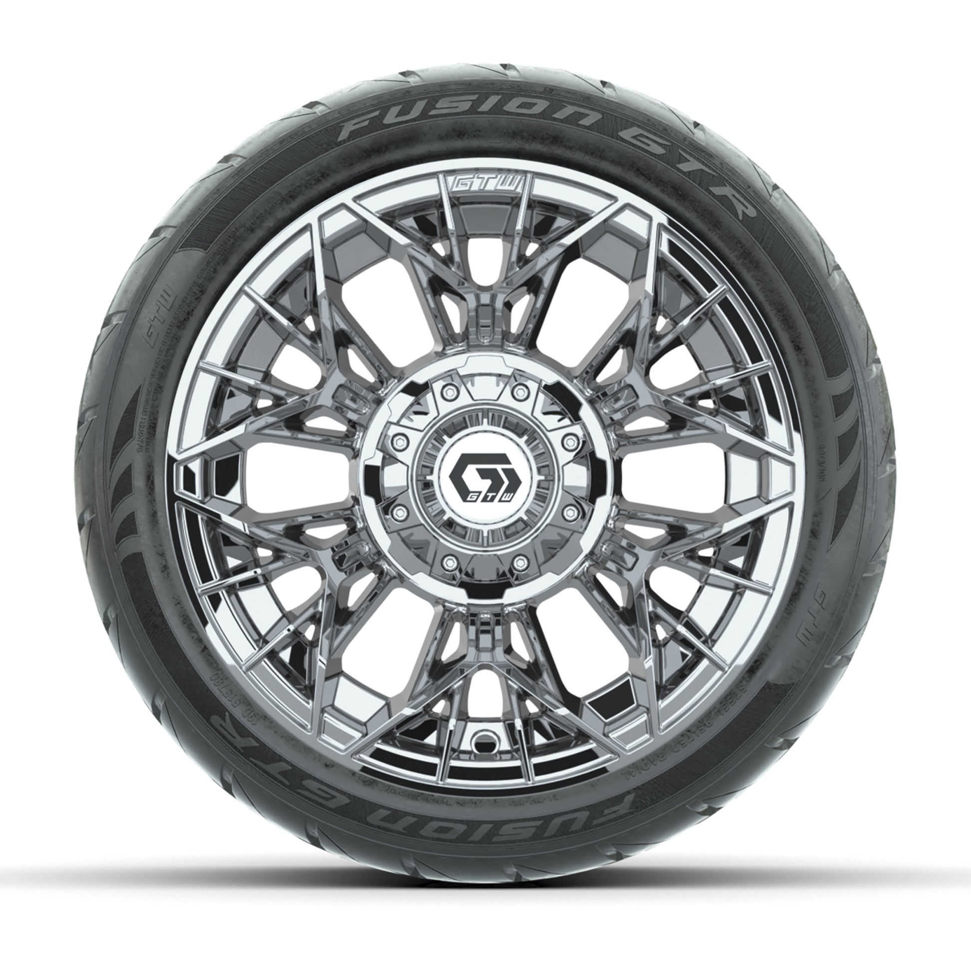 GTW® Stellar Chrome 12 in Wheels with 215/40-R12 Fusion GTR Steel Belt Radial Street Tires – Full Set