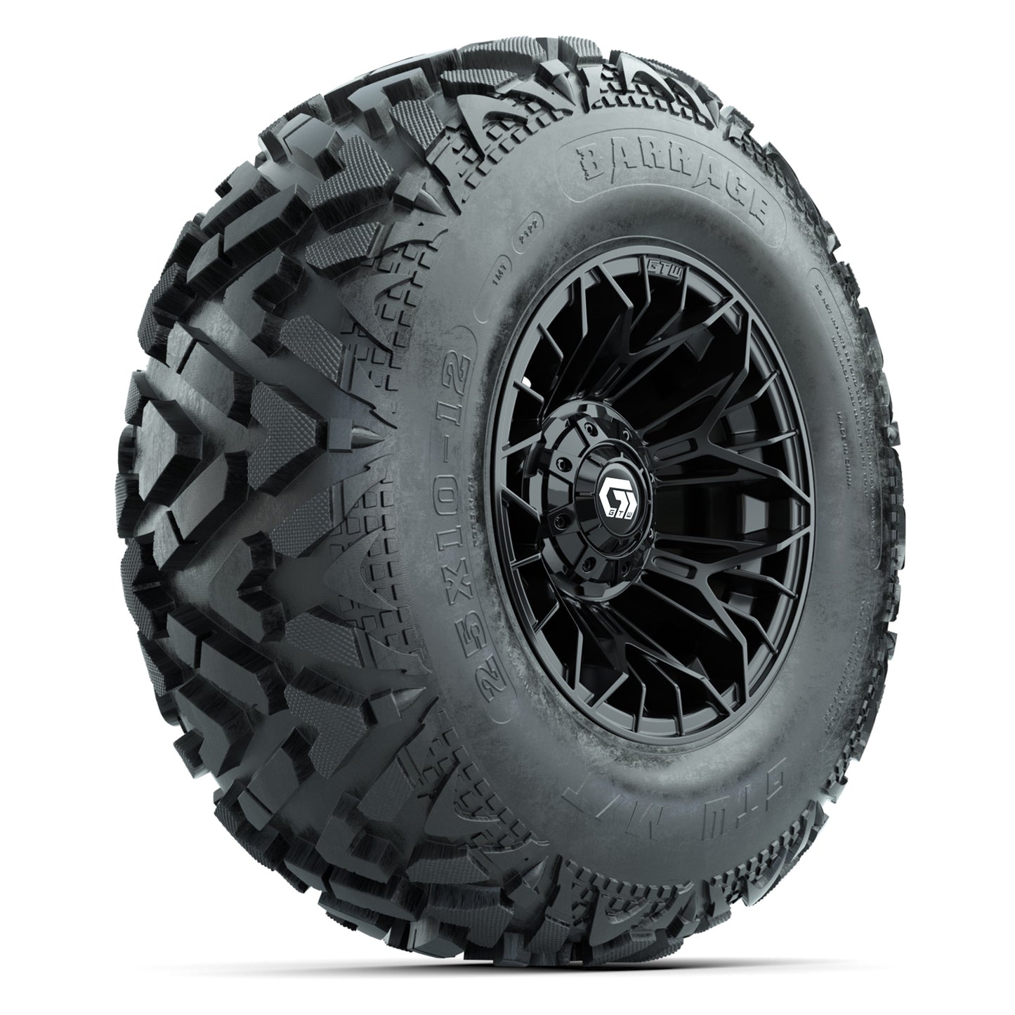 GTW® Stellar Black 12 in Wheels with 25X10-12 Barrage Mud Tires – Full Set