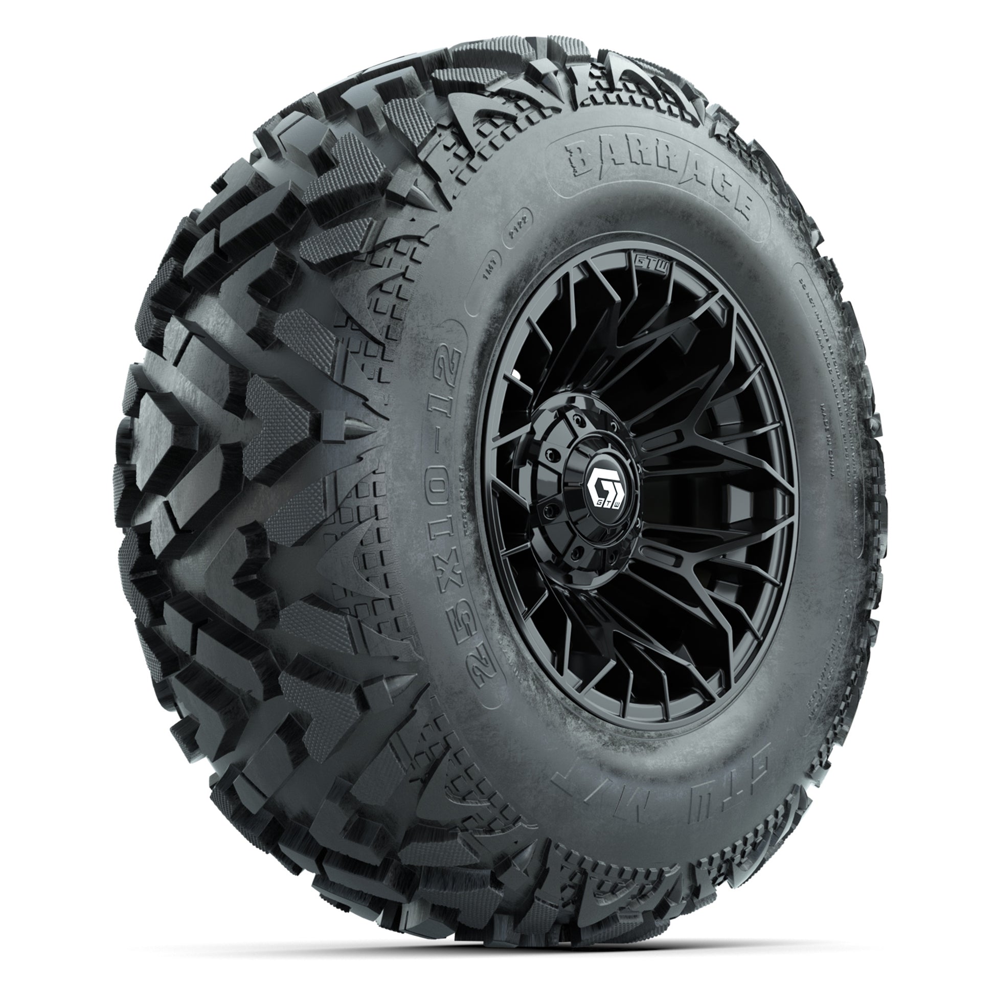 GTW® Stellar Black 12 in Wheels with 25X10-12 Barrage Mud Tires – Full Set