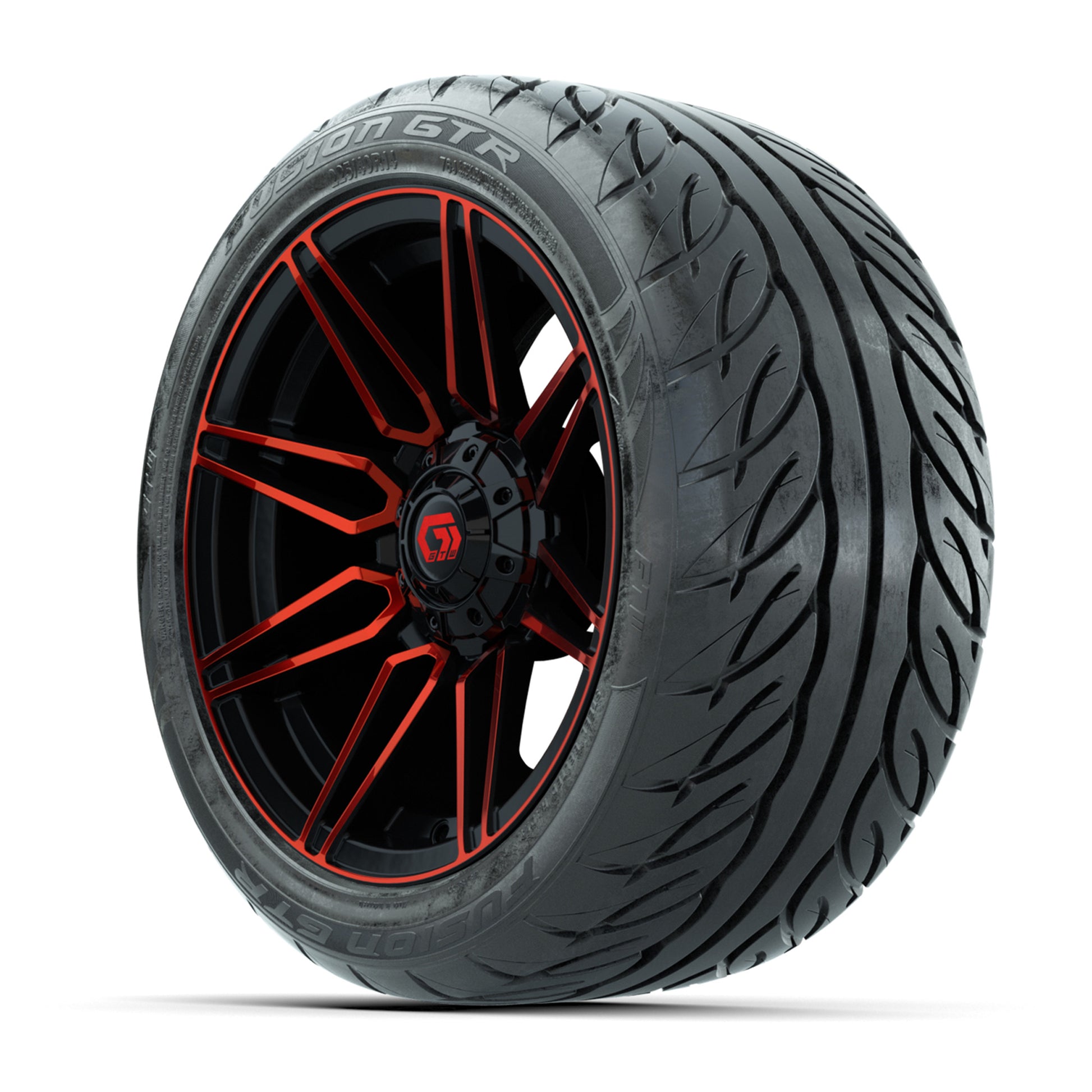 GTW® Stealth Red/Machined 14 in Wheels with 225/40-R14 Fusion GTR Steel Belt Radial Street Tires – Full Set