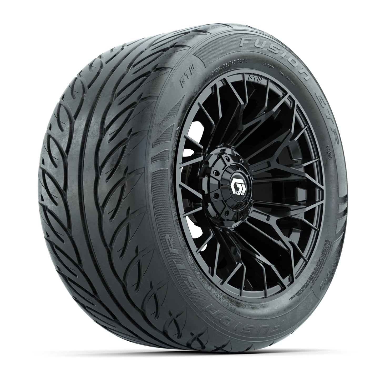 GTW® Stellar Black 14 in Wheels with 255/45-R14 Fusion GTR Steel Belt Radial Street Tires – Full Set