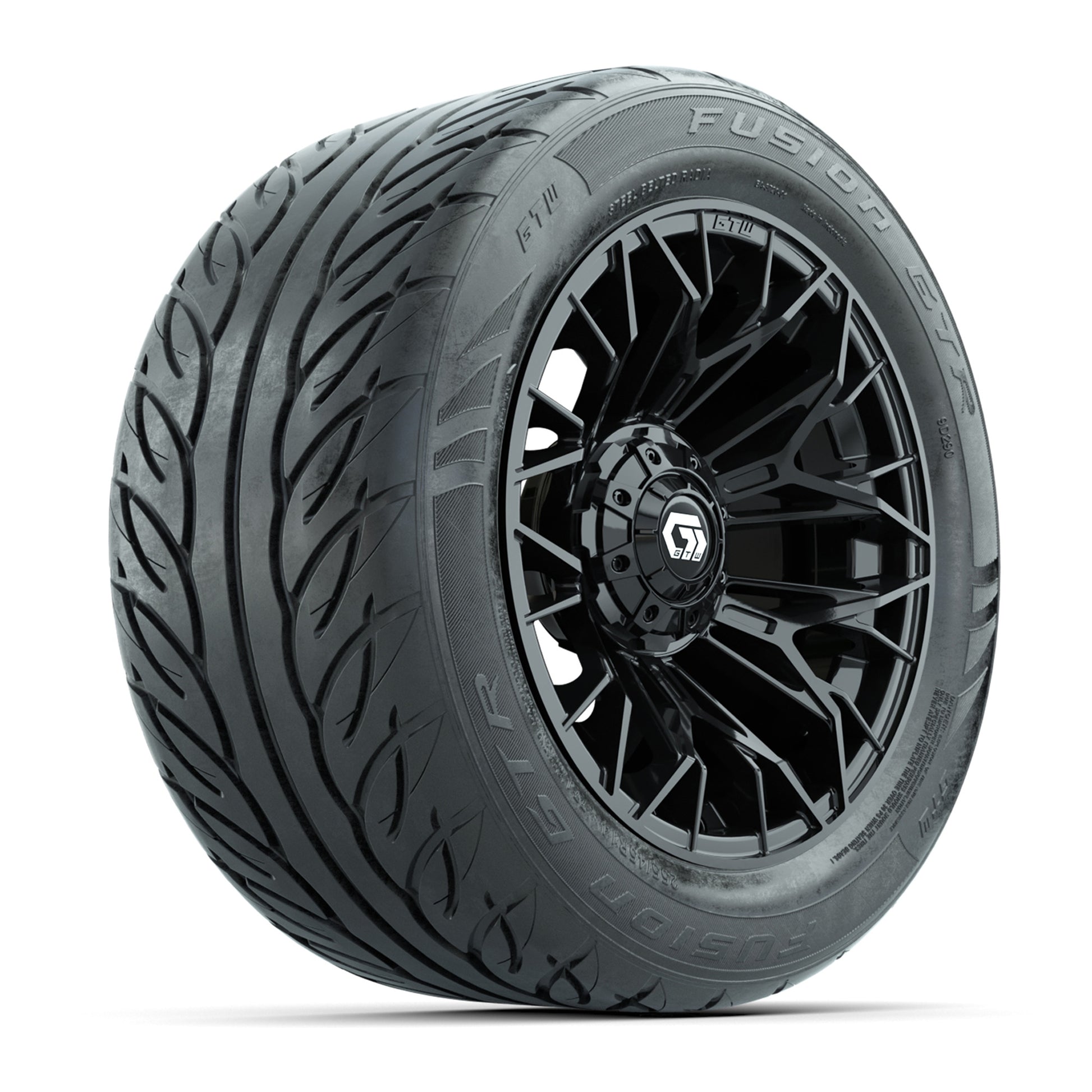 GTW® Stellar Black 14 in Wheels with 255/45-R14 Fusion GTR Steel Belt Radial Street Tires – Full Set