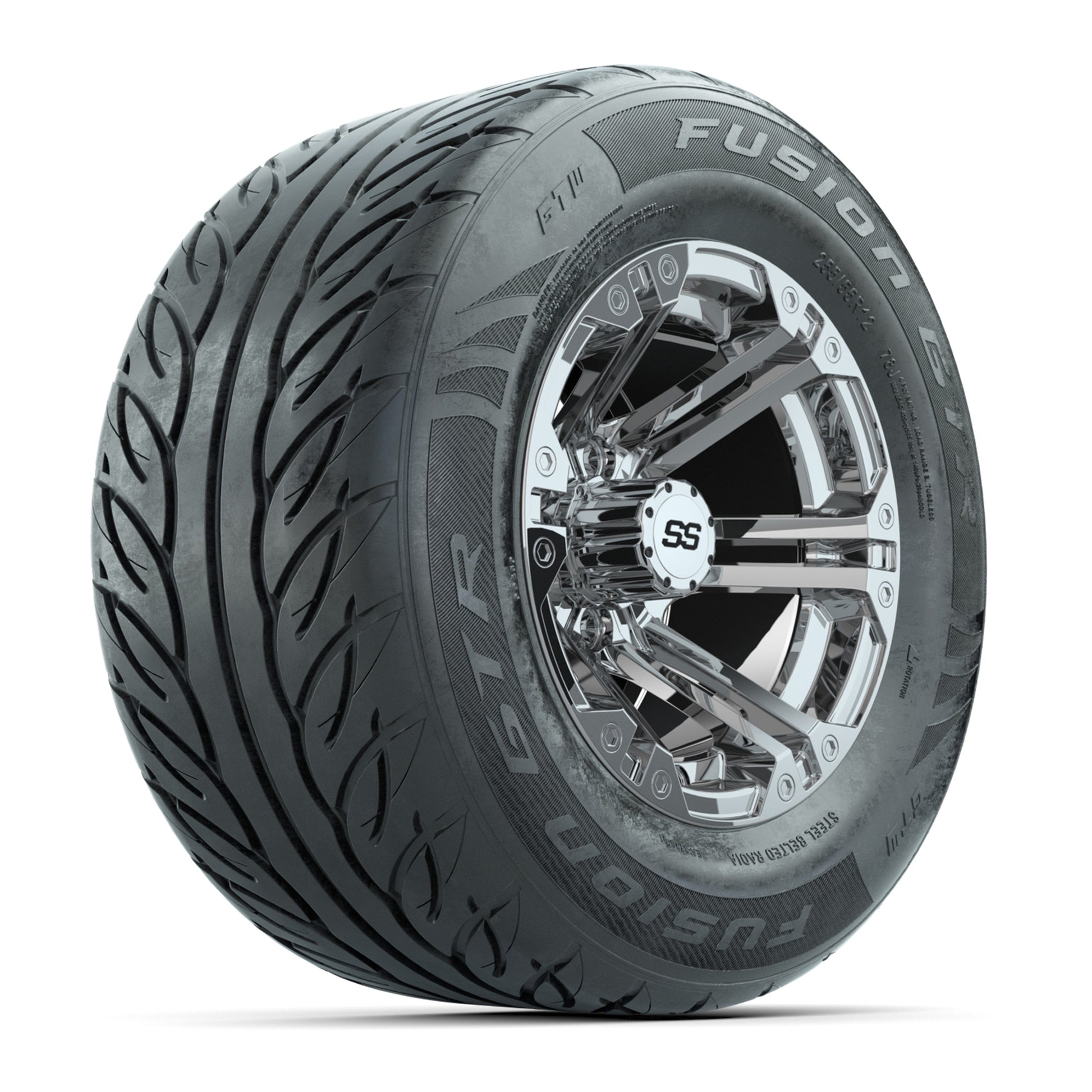 GTW® Specter Chrome 12 in Wheels with 255/55-R12 Fusion GTR Steel Belt Radial Street Tires – Full Set