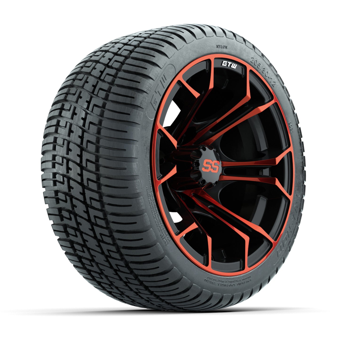GTW® Spyder Black/Red 12 in Wheels with 205/30-12 Fusion Street Tires – Full Set