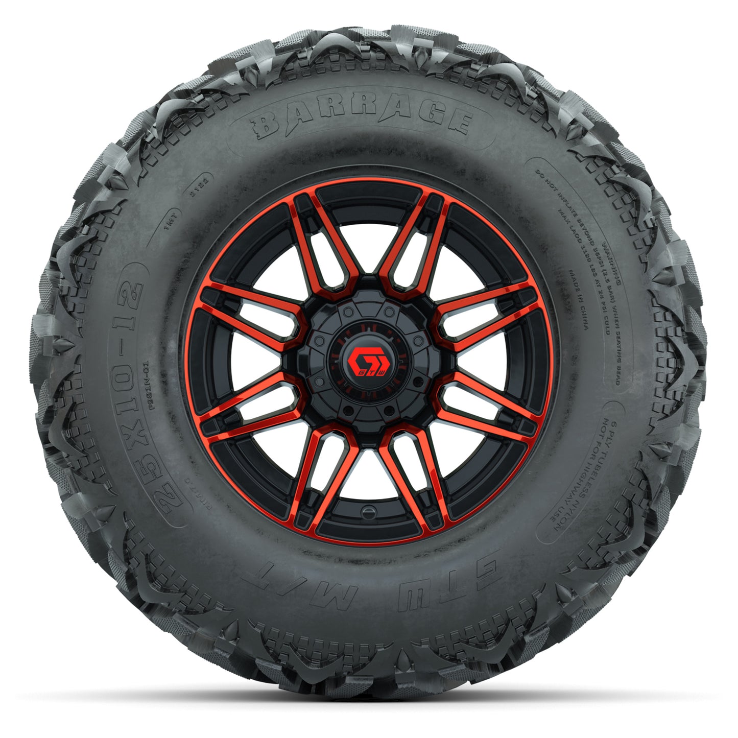 GTW® Stealth Red/Machined 12 in Wheels with 25X10-12 Barrage Mud Tires – Full Set