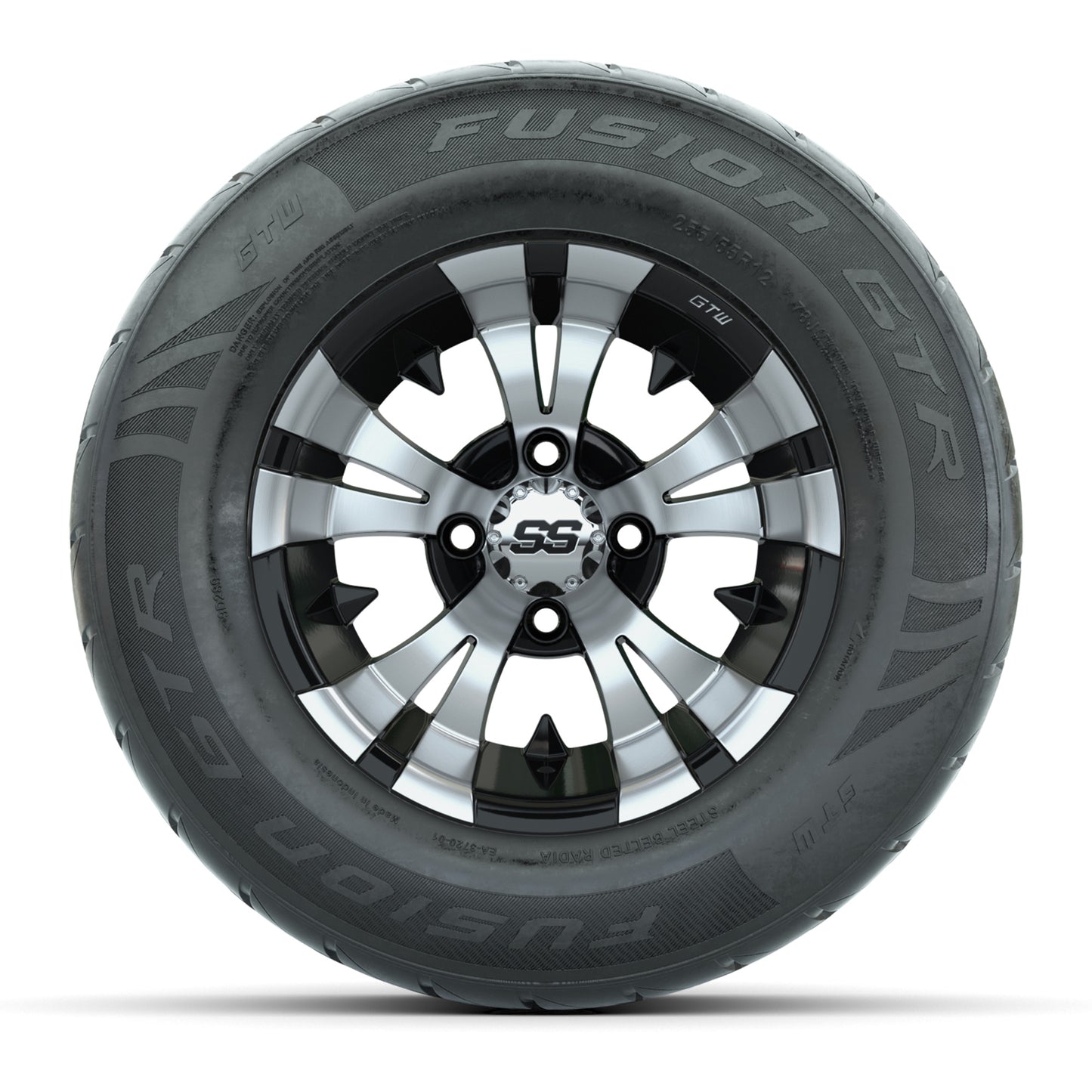 GTW® Vampire Black/Machined 12 in Wheels with 255/55-R12 Fusion GTR Steel Belt Radial Street Tires – Full Set