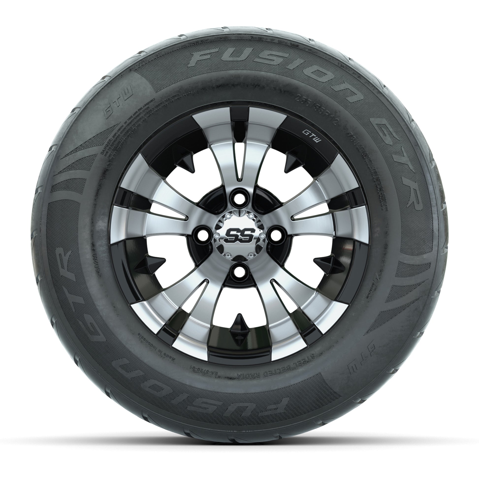 GTW® Vampire Black/Machined 12 in Wheels with 255/55-R12 Fusion GTR Steel Belt Radial Street Tires – Full Set