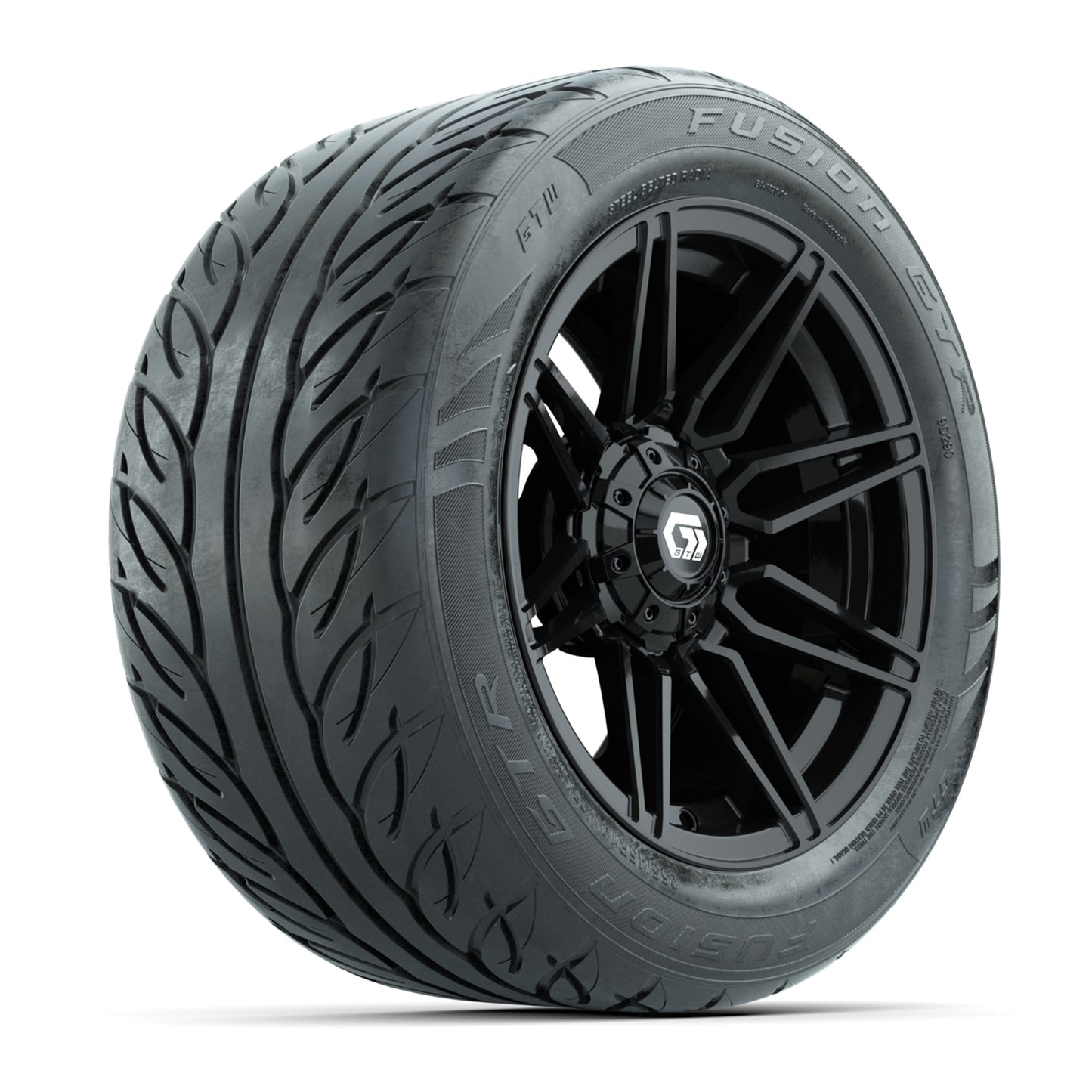 GTW® Stealth Black/Machined 14 in Wheels with 255/45-R14 Fusion GTR Steel Belt Radial Street Tires – Full Set