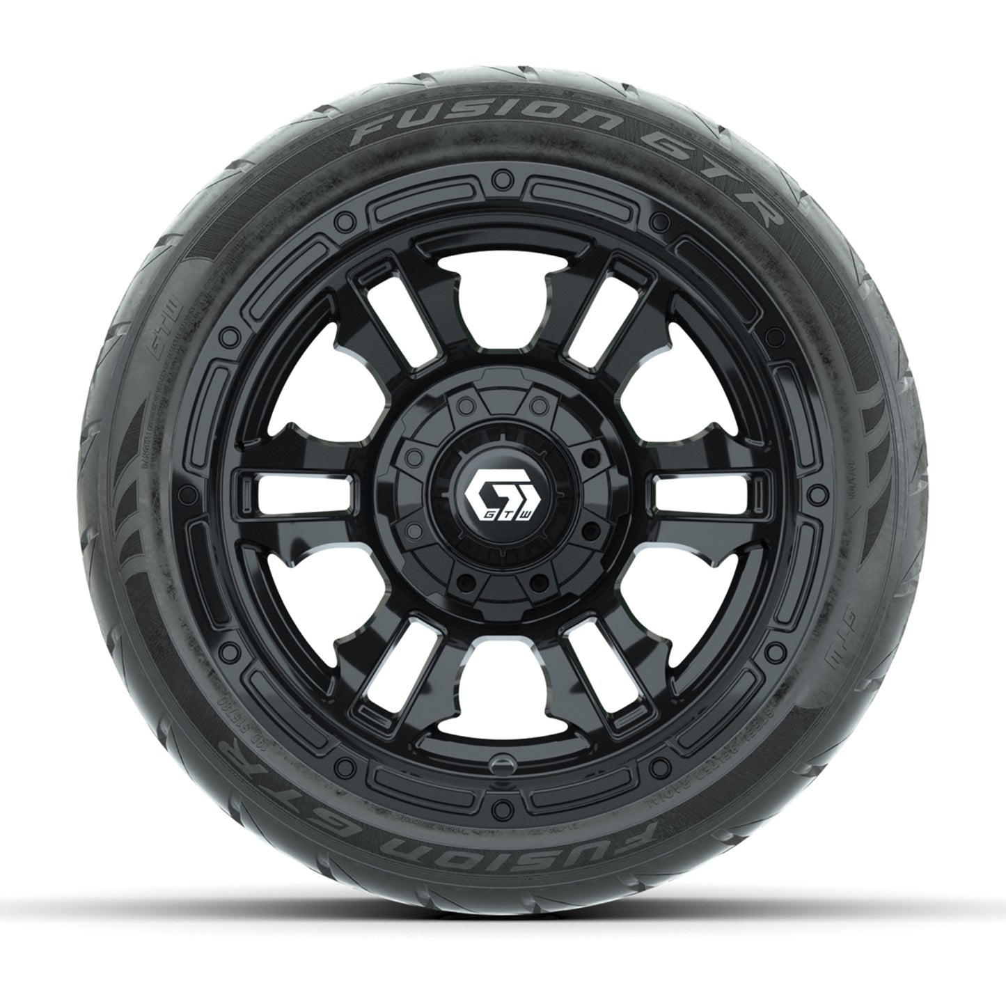 GTW® Shogun Gloss Black 12 in Wheels with 215/40-R12 Fusion GTR Steel Belt Radial Street Tires – Full Set