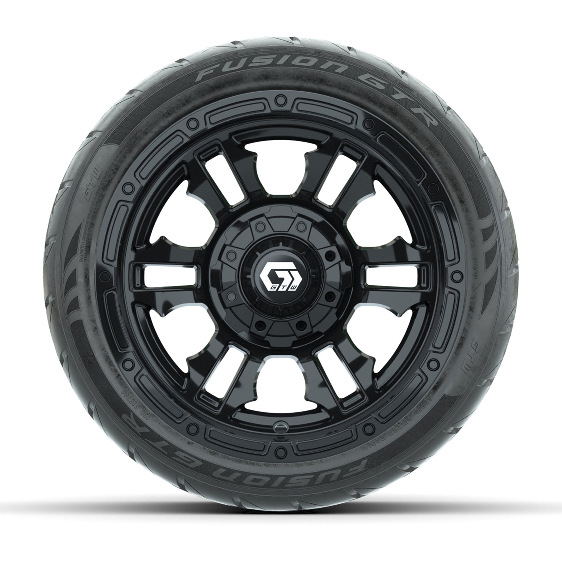 GTW® Shogun Gloss Black 12 in Wheels with 215/40-R12 Fusion GTR Steel Belt Radial Street Tires – Full Set