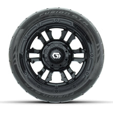 GTW® Shogun Gloss Black 12 in Wheels with 215/40-R12 Fusion GTR Steel Belt Radial Street Tires – Full Set