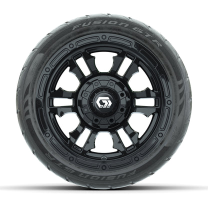 GTW® Shogun Gloss Black 12 in Wheels with 215/40-R12 Fusion GTR Steel Belt Radial Street Tires – Full Set