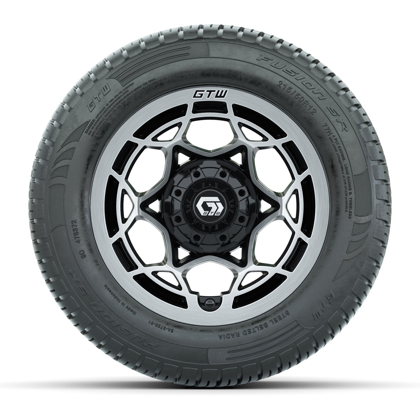 GTW® Nexus Gloss Black 12 in Wheels with 215/50-R12 Fusion S/R Steel Belt Radial Tires – Full Set
