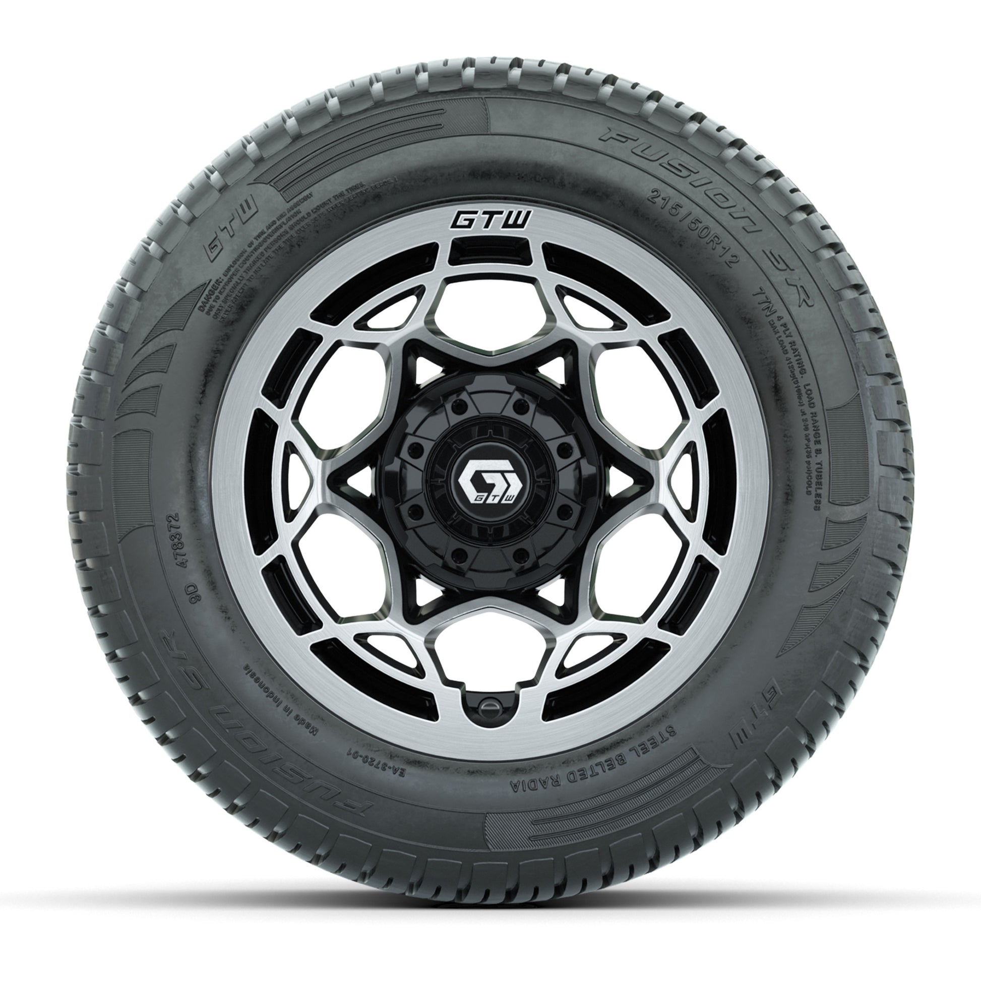 GTW® Nexus Gloss Black 12 in Wheels with 215/50-R12 Fusion S/R Steel Belt Radial Tires – Full Set