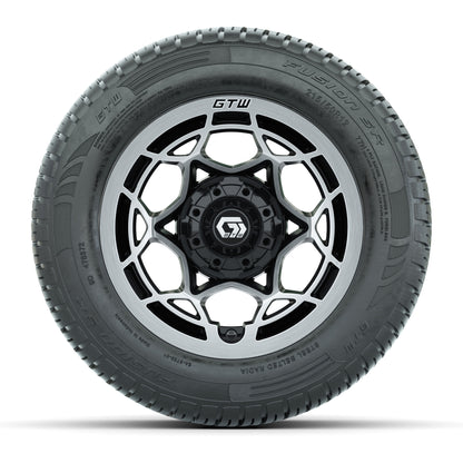 GTW® Nexus Gloss Black 12 in Wheels with 215/50-R12 Fusion S/R Steel Belt Radial Tires – Full Set