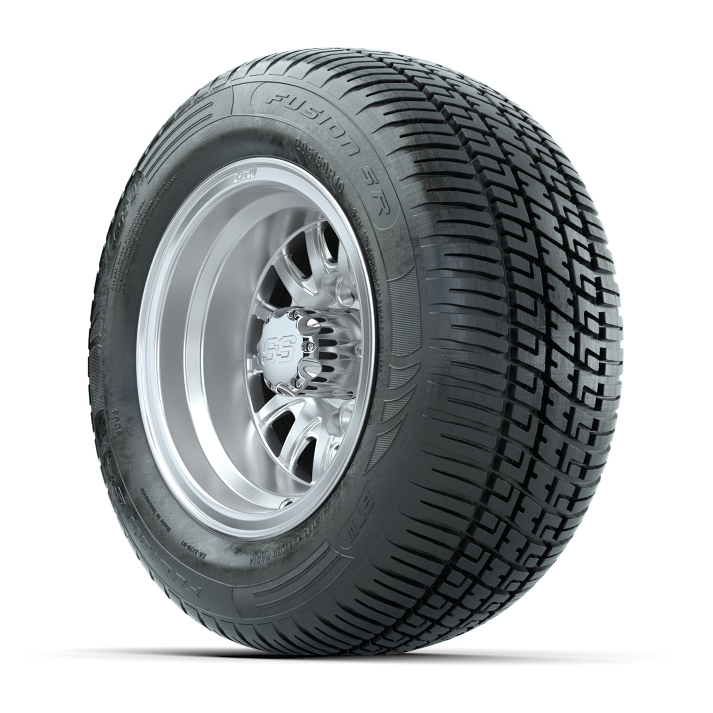 GTW Medusa Silver/Machined 10 in Wheels with 205/50-R10 Fusion S/R Radial Steel Belt Street Tires - Full Set
