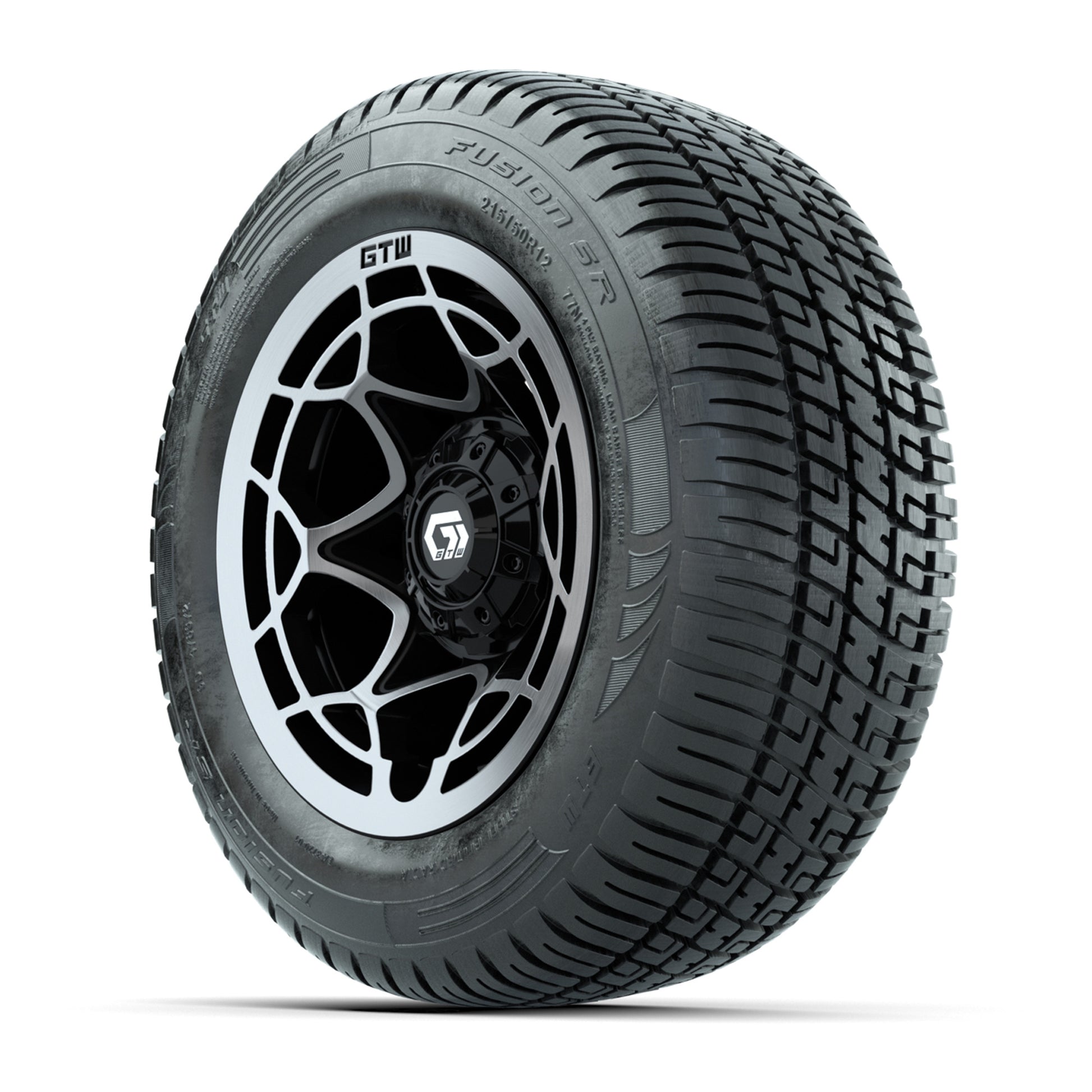 GTW® Nexus Gloss Black 12 in Wheels with 215/50-R12 Fusion S/R Steel Belt Radial Tires – Full Set