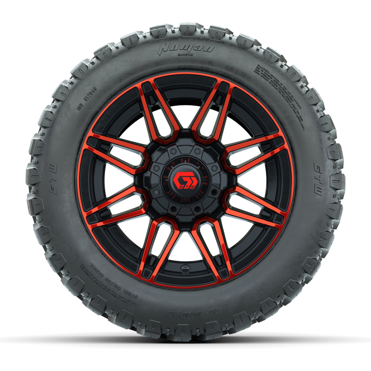 GTW® Stealth Red/Machined 12 in Wheels with 20X10-12 Nomad Steel Belt Radial All-Terrain Tires – Full Set