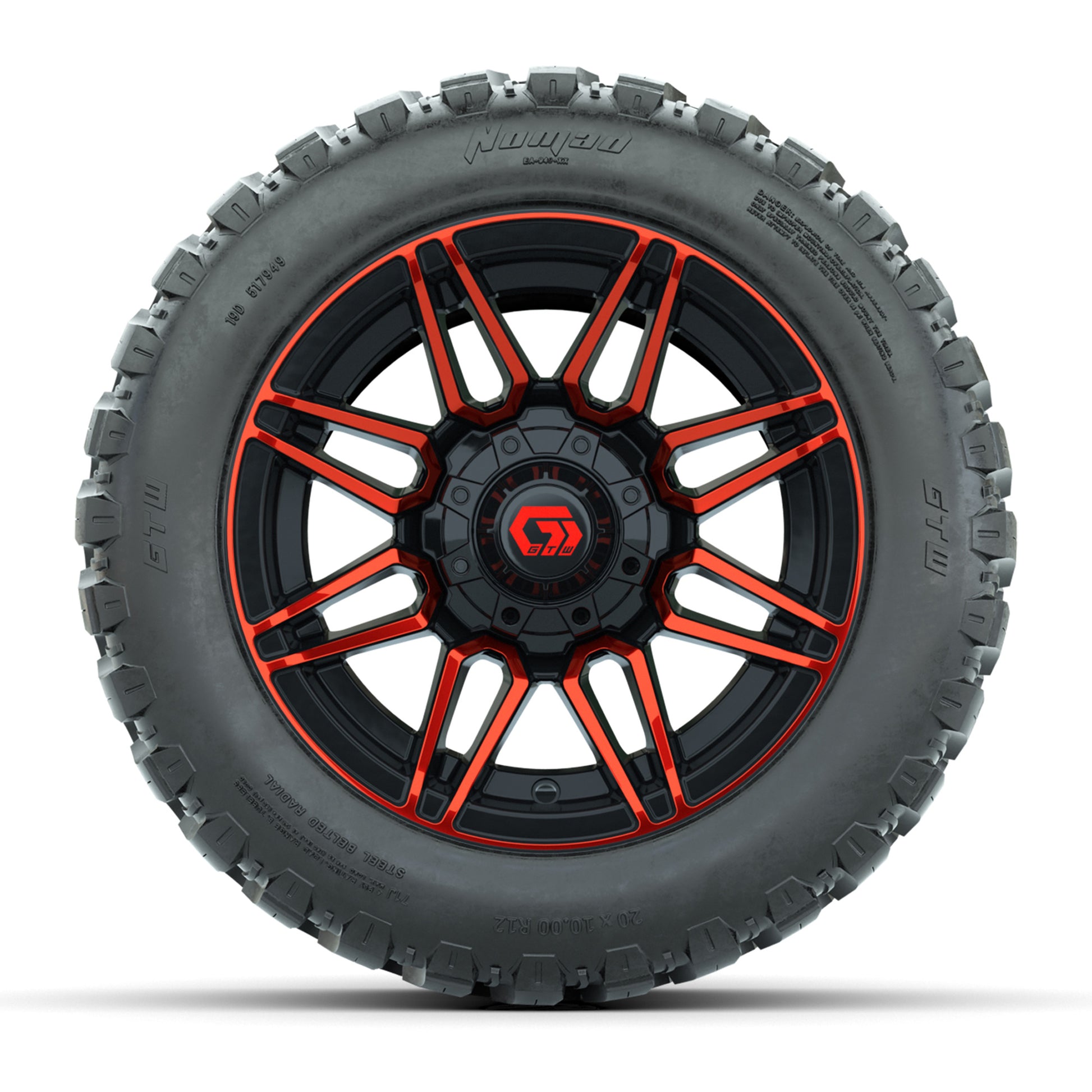 GTW® Stealth Red/Machined 12 in Wheels with 20X10-12 Nomad Steel Belt Radial All-Terrain Tires – Full Set