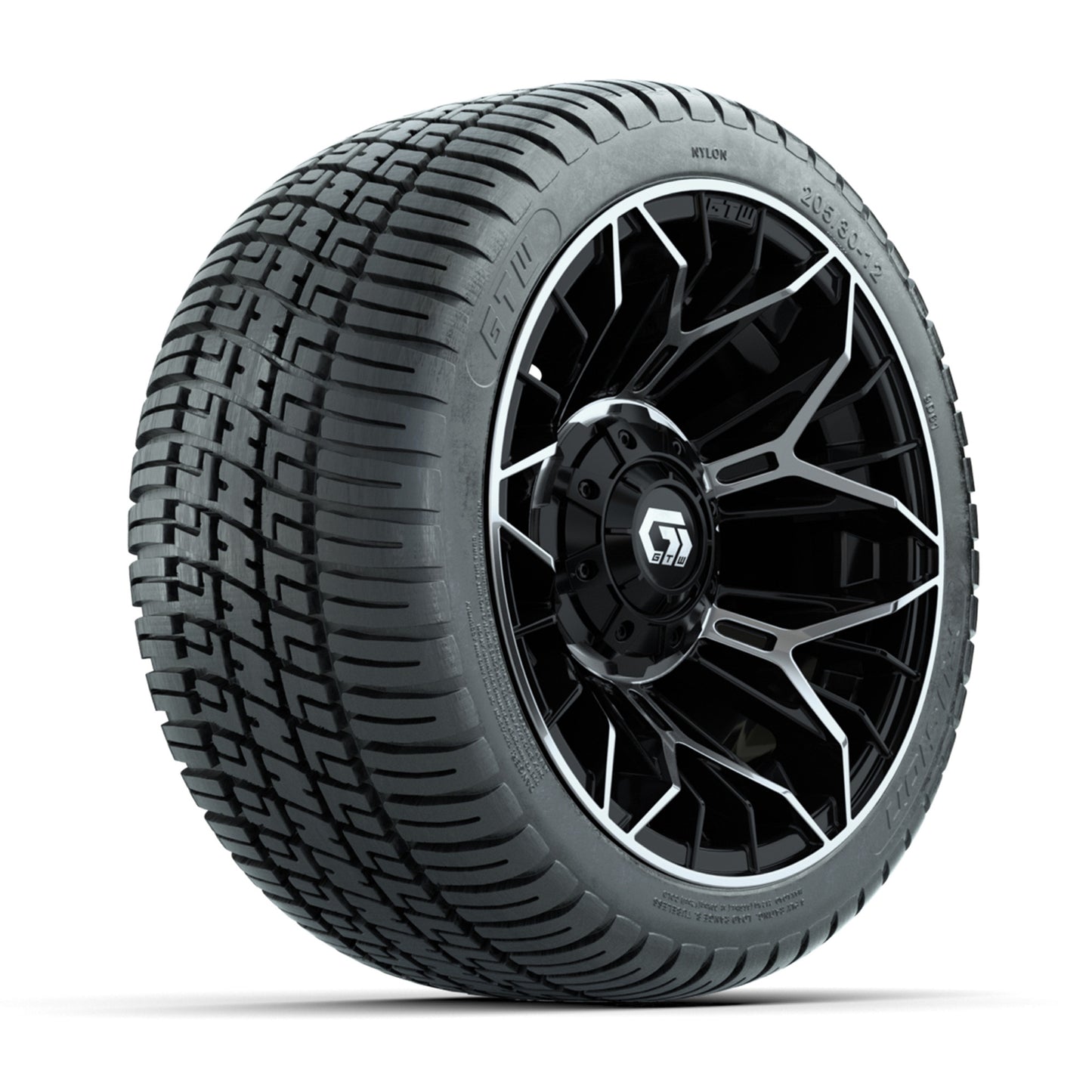 GTW® Stellar Black/Machined 12 in Wheels with 205/30-12 Fusion Street Tires – Full Set