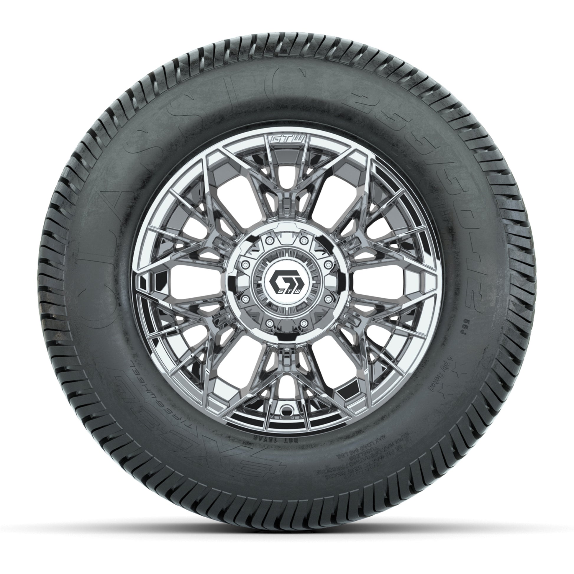 GTW® Stellar Chrome 12 in Wheels with 255/50-12 Excel Classic Street Tires – Full Set