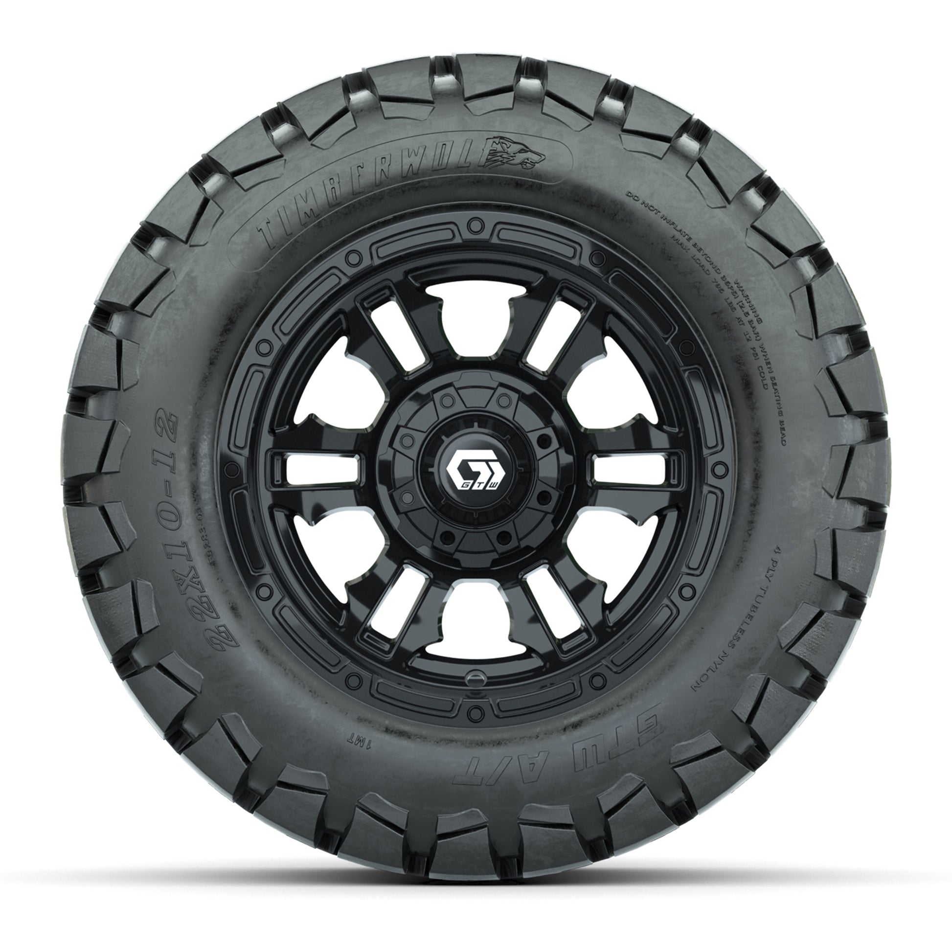 GTW® Shogun Gloss Black 12 in Wheels with 22x10-12 Timberwolf All-Terrain Tires – Full Set