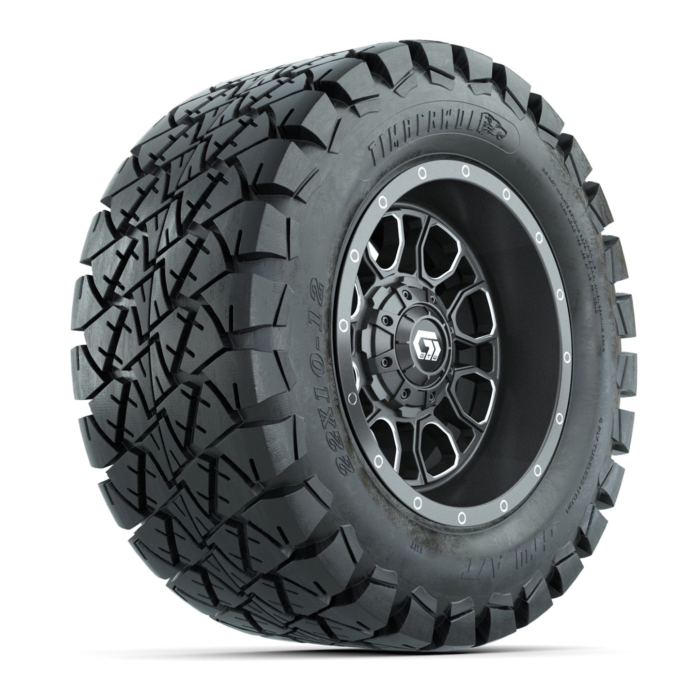 GTW® Volt Gunmetal 12 in Wheels with 22X10-12 Timberwolf All-Terrain Tires – Full Set