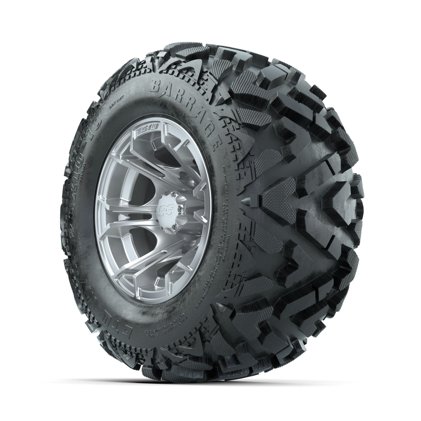 GTW Spyder Silver Brush 10 in Wheels with 20x10-10 Barrage Mud Tires - Full Set