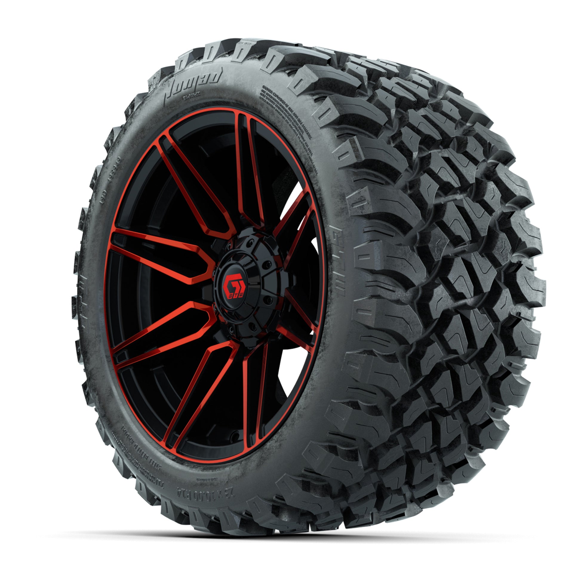 GTW® Stealth Red/Machined 14 in Wheels with 23X10-R14 Nomad Steel Belt Radial All-Terrain Tires – Full Set