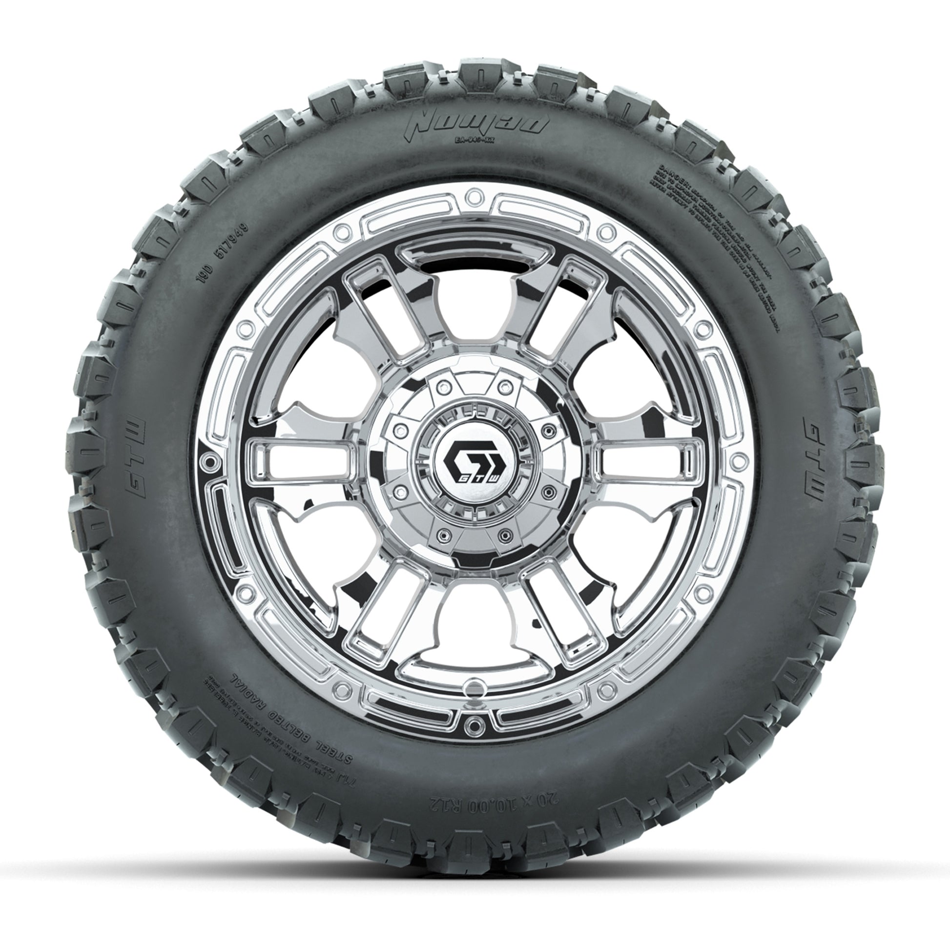 GTW® Shogun Chrome 12 in Wheels with 20X10-12 Nomad Steel Belt Radial All-Terrain Tires – Full Set