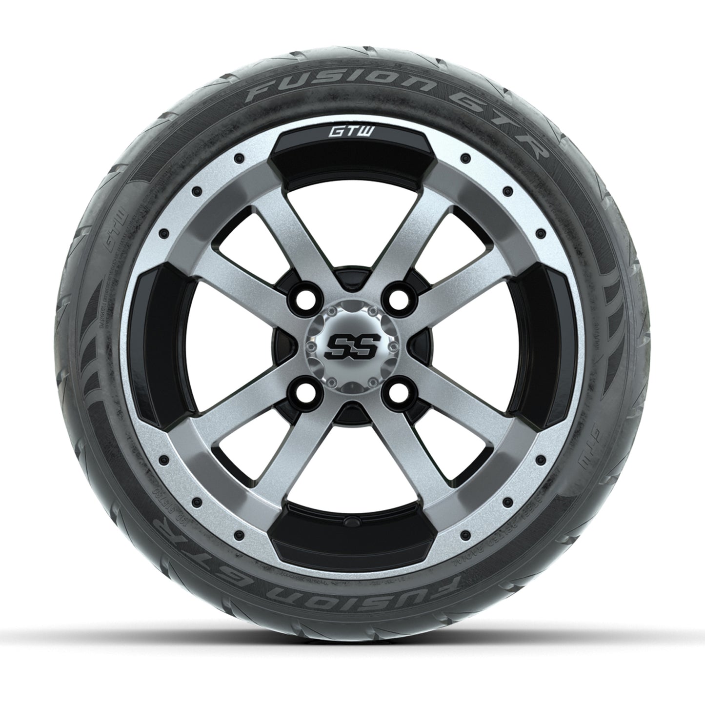 GTW® Storm Trooper Black/Machined 12 in Wheels with 215/40-R12 Fusion GTR Steel Belt Radial Street Tires – Full Set