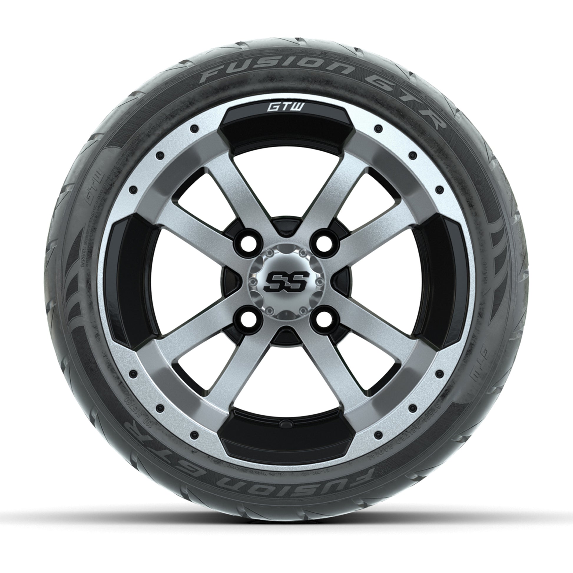 GTW® Storm Trooper Black/Machined 12 in Wheels with 215/40-R12 Fusion GTR Steel Belt Radial Street Tires – Full Set