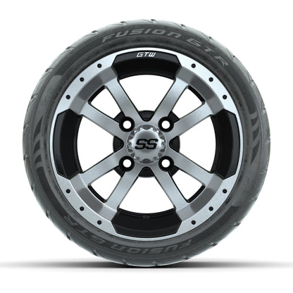 GTW® Storm Trooper Black/Machined 12 in Wheels with 215/40-R12 Fusion GTR Steel Belt Radial Street Tires – Full Set