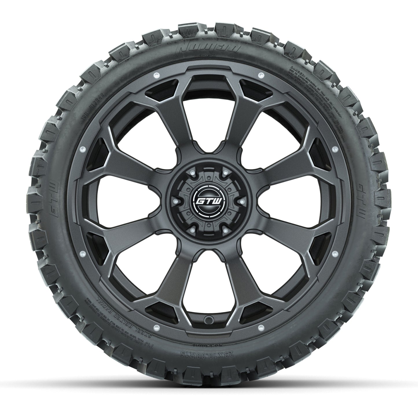 Set of (4) 15″ GTW Raven Matte Gray Wheels with 23x10-R15 Nomad All-Terrain Tires