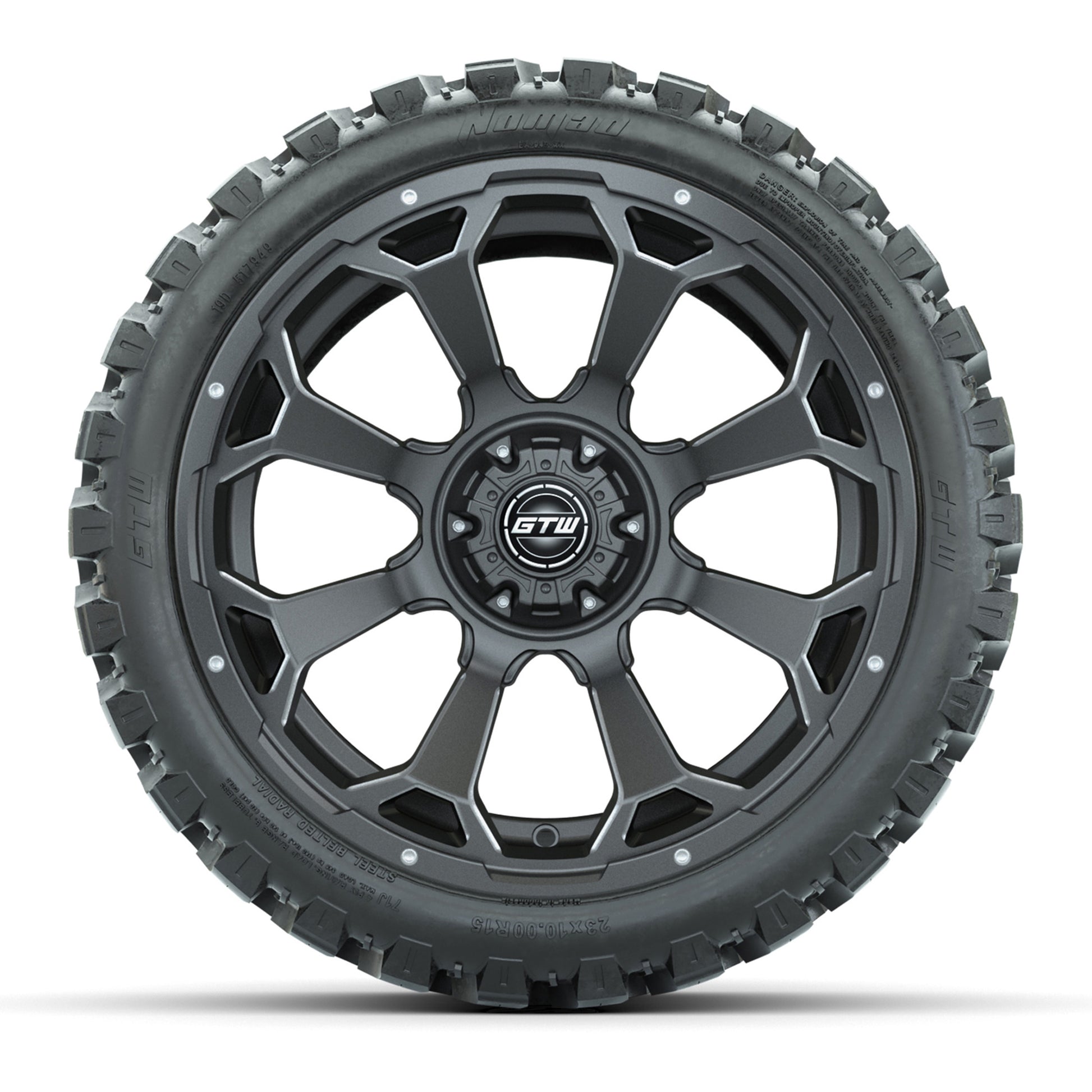 Set of (4) 15″ GTW Raven Matte Gray Wheels with 23x10-R15 Nomad All-Terrain Tires