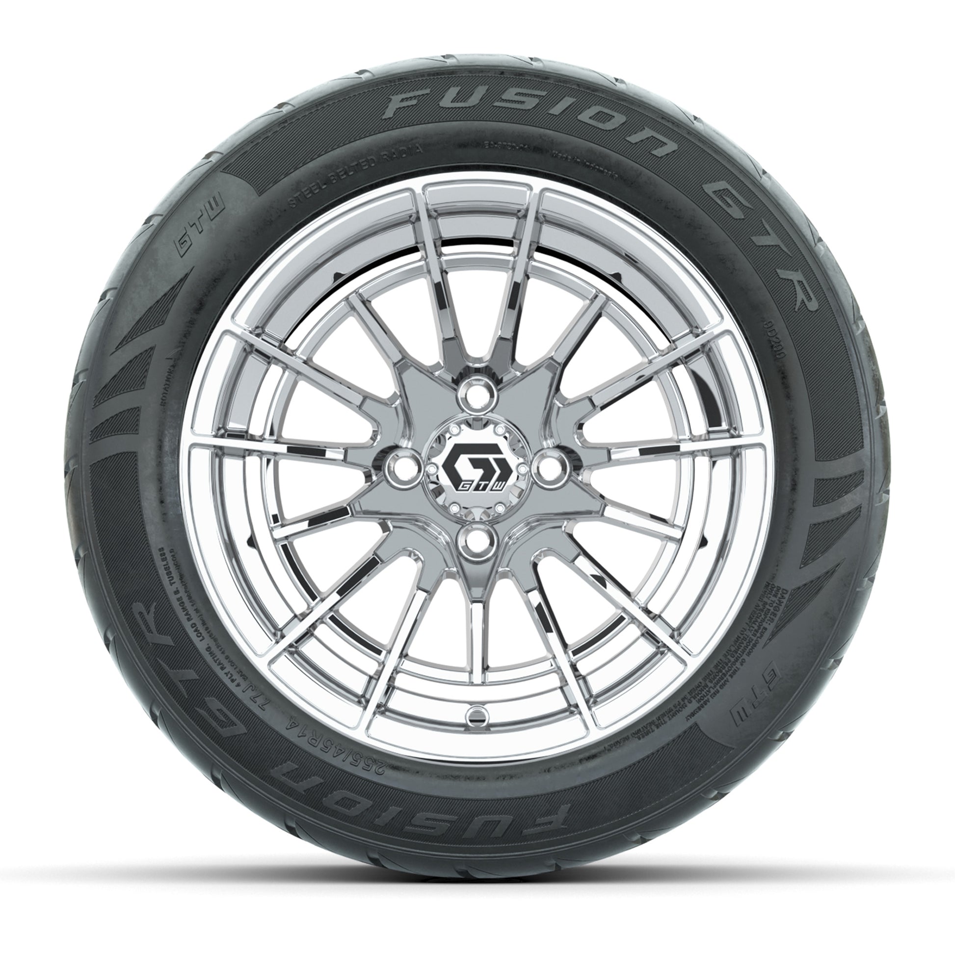 GTW® Boost Chrome 14 in Wheels with 255/45-R14 Fusion GTR Steel Belt Radial Street Tires – Full Set