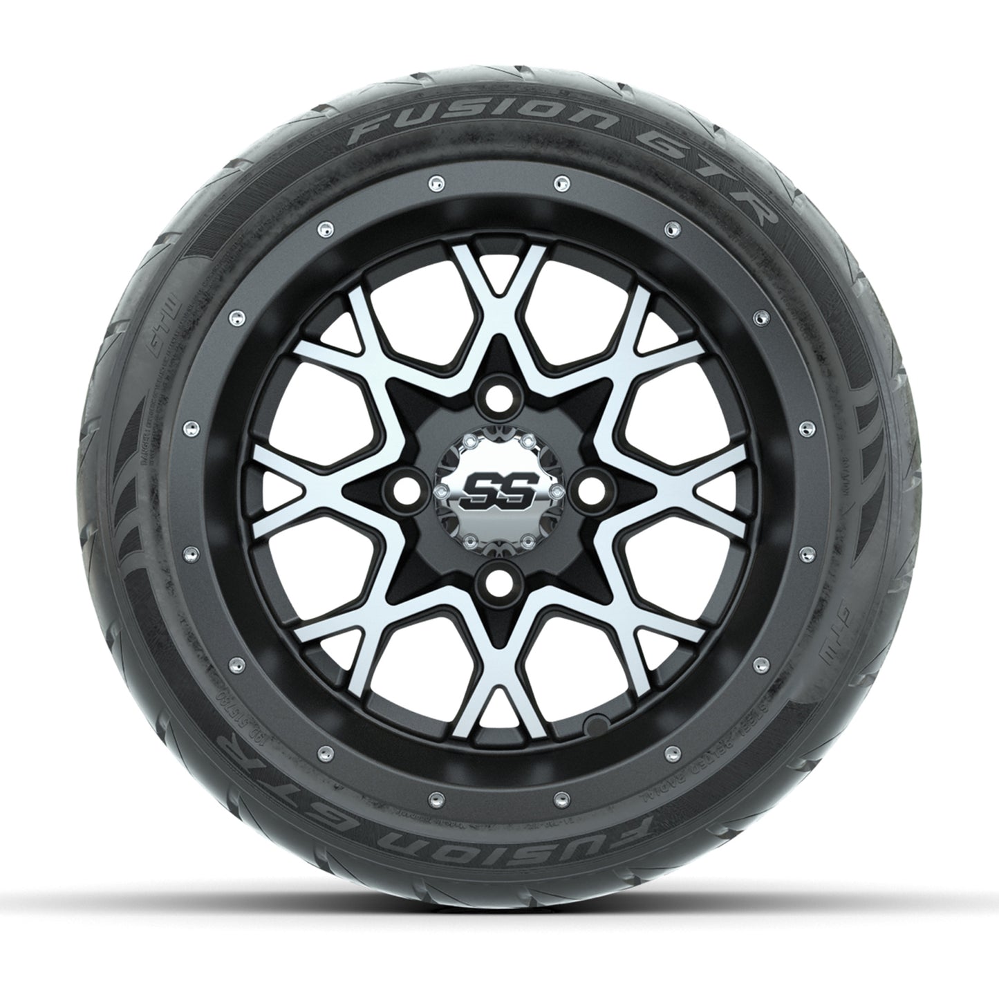 GTW® Vortex 2 Matte Gray/Machined 12 in Wheels with 215/40-R12 Fusion GTR Steel Belt Radial Street Tires – Full Set